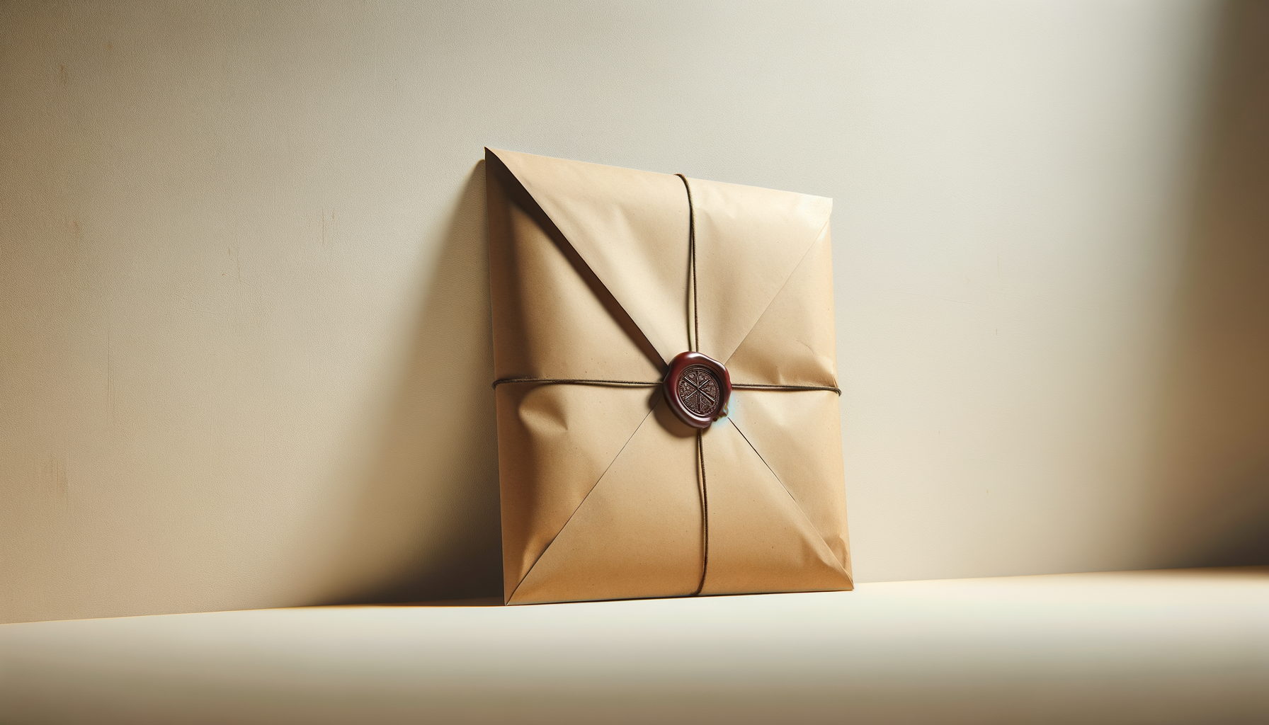 A rectangular package wrapped in brown paper, secured with string, and sealed with a red wax stamp, leaning against a beige wall.