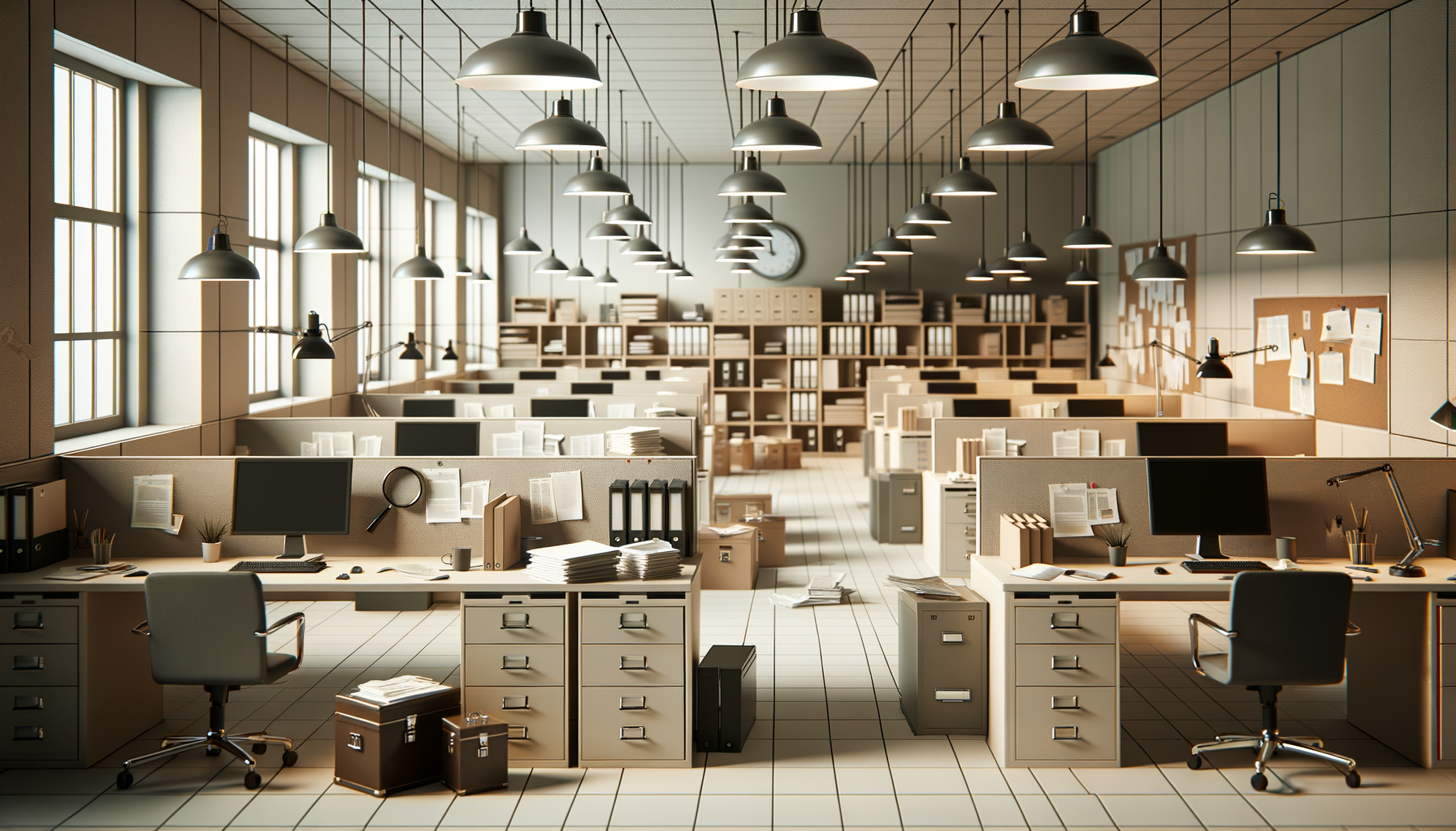 A spacious office with multiple workstations, black computer monitors, paperwork, office supplies, and ergonomic chairs. Large windows provide natural light, with busy shelves and filing cabinets in the background. Overhead industrial lighting fixtures hang from the ceiling.