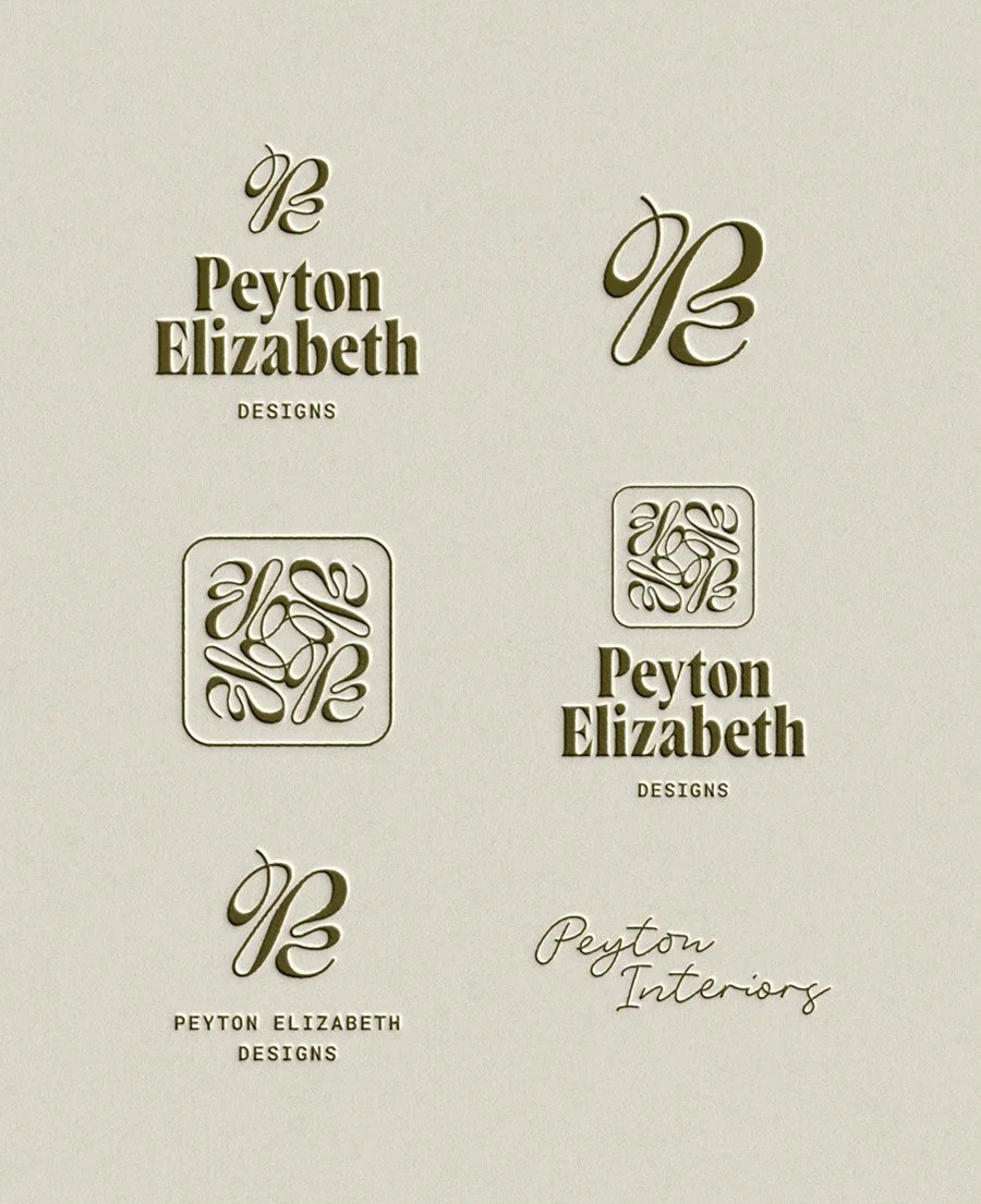 A collection of logo designs for Peyton Elizabeth Designs and Peyton Interiors, including stylized initials