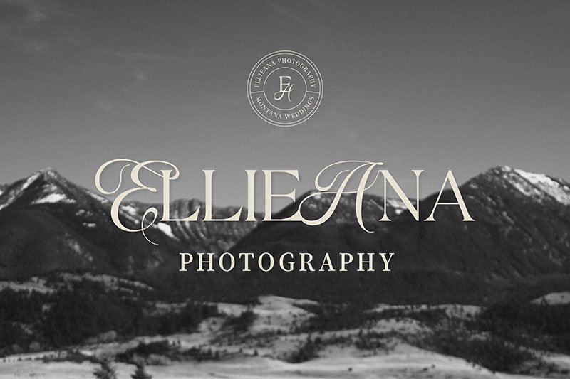 Black and white photo of mountains with snow and a cloudy sky, overlaid with logo design for EllieAna Photography