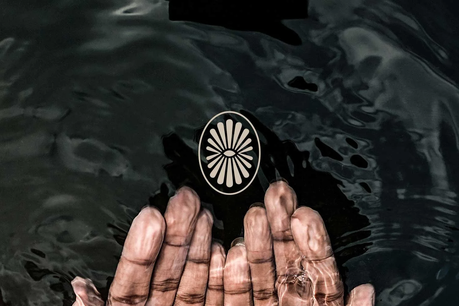 Hands submerged in dark water holding elegant spa logo design