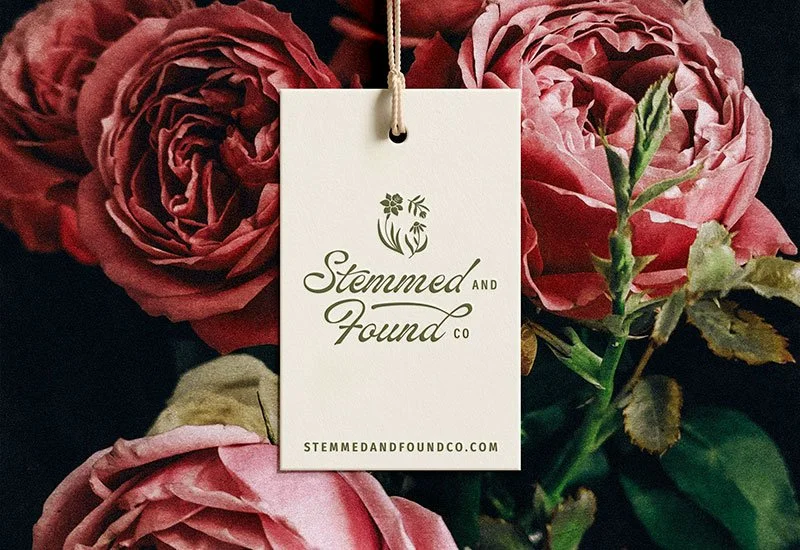 Stemmed and Found Co Flower Shop logo design on printed tag