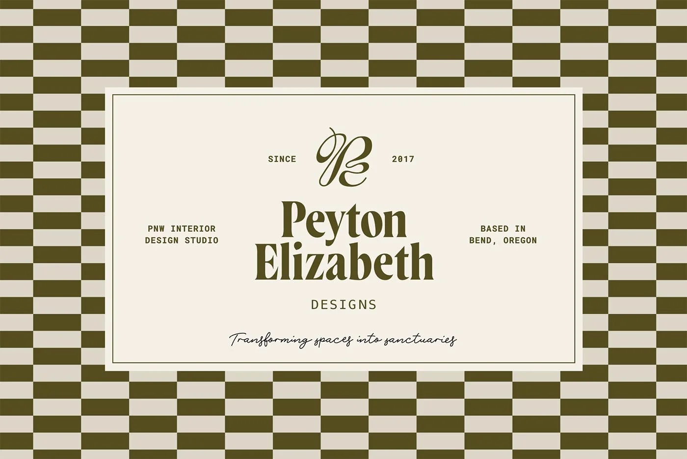 Brand logo and text on a checkered background for Peyton Elizabeth Designs, an interior design studio based in Bend, Oregon
