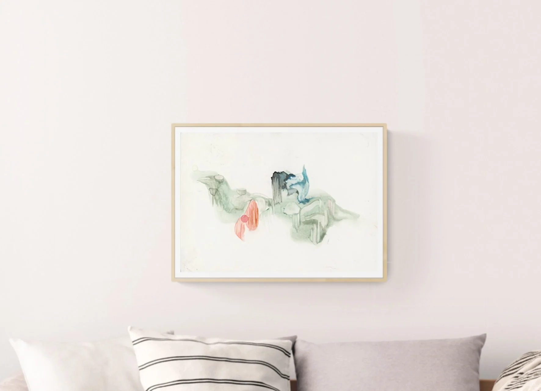 Abstract watercolor painting with flowing sage green washes, a coral-pink organic form with a round accent, deep blue-black gestural marks, and soft teal brushstrokes on white paper