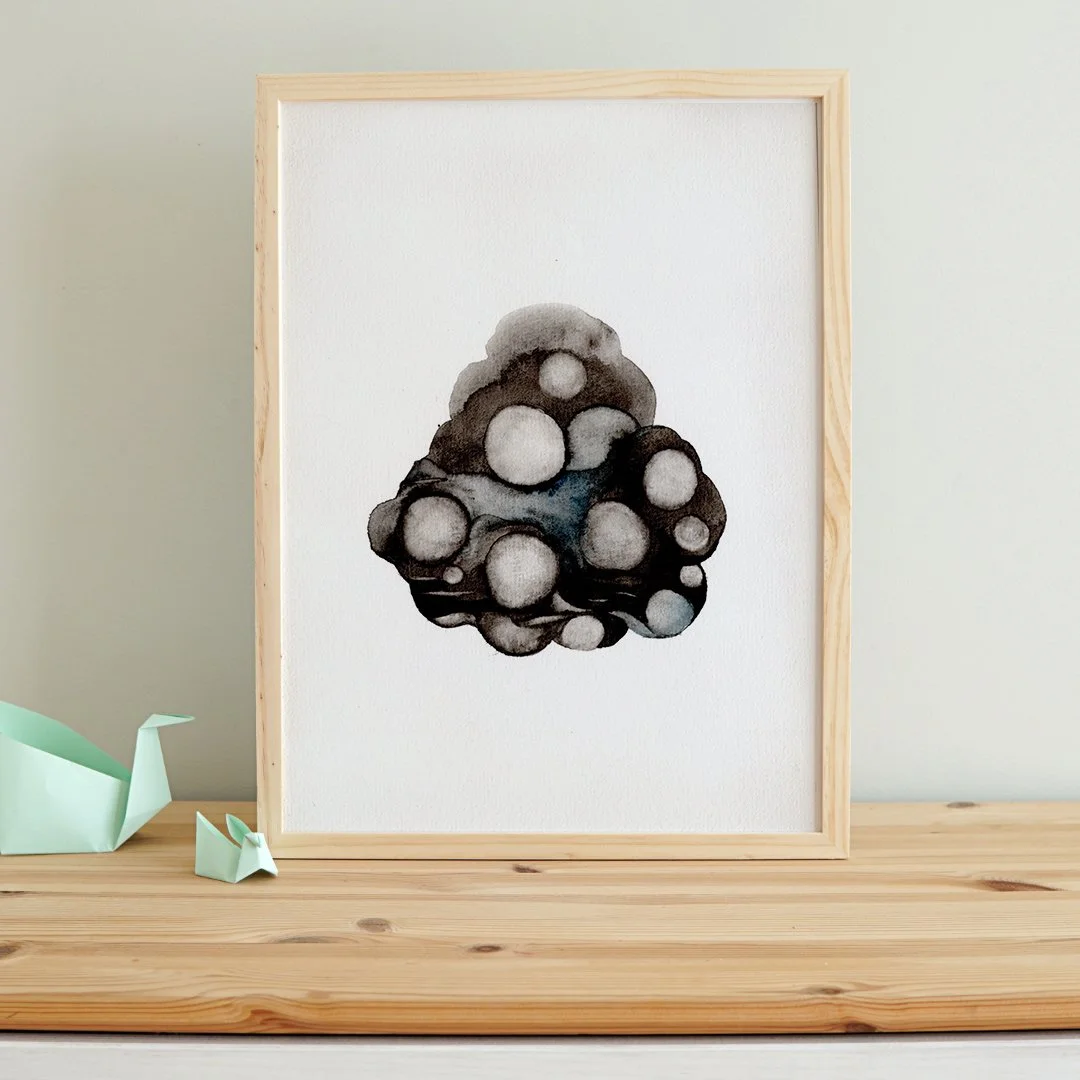 Watercolor painting of a compact cluster of pale grey and white spheres bound together in dark charcoal and brown washes with teal blue accents, centered on a white background