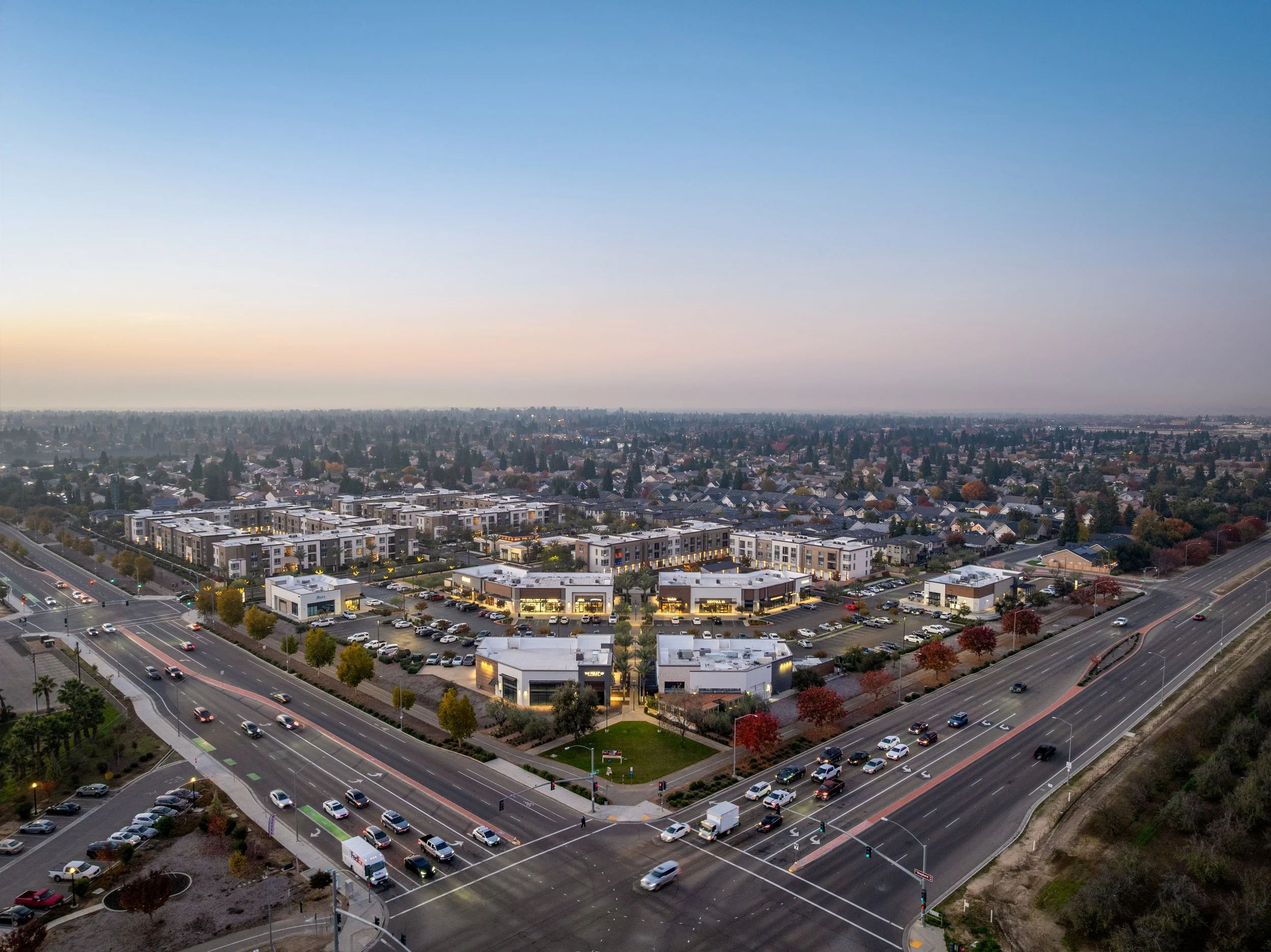 The Row at Heritage Grove aerial twilight photo, KTGY Architecture, Fresno, CA