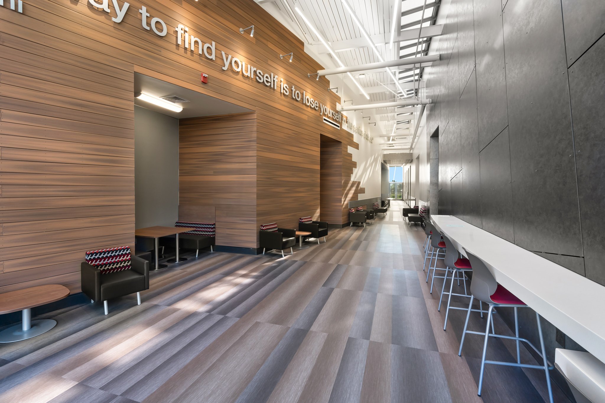 Sage Allied Health Building wood-paneled corridor interior, Porterville College