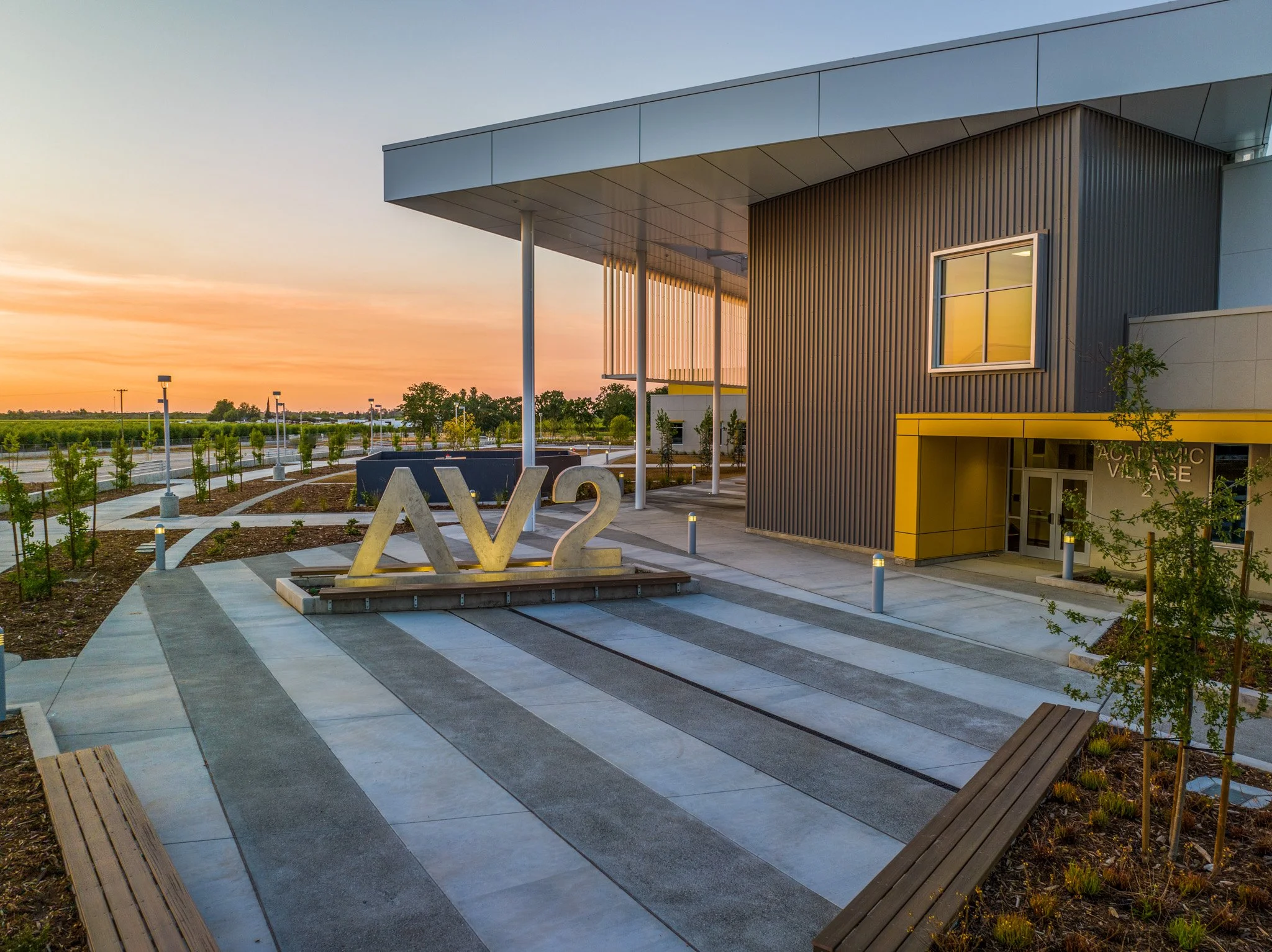 Madera Community College Academic Village 2 twilight exterior entrance, Madera, CA