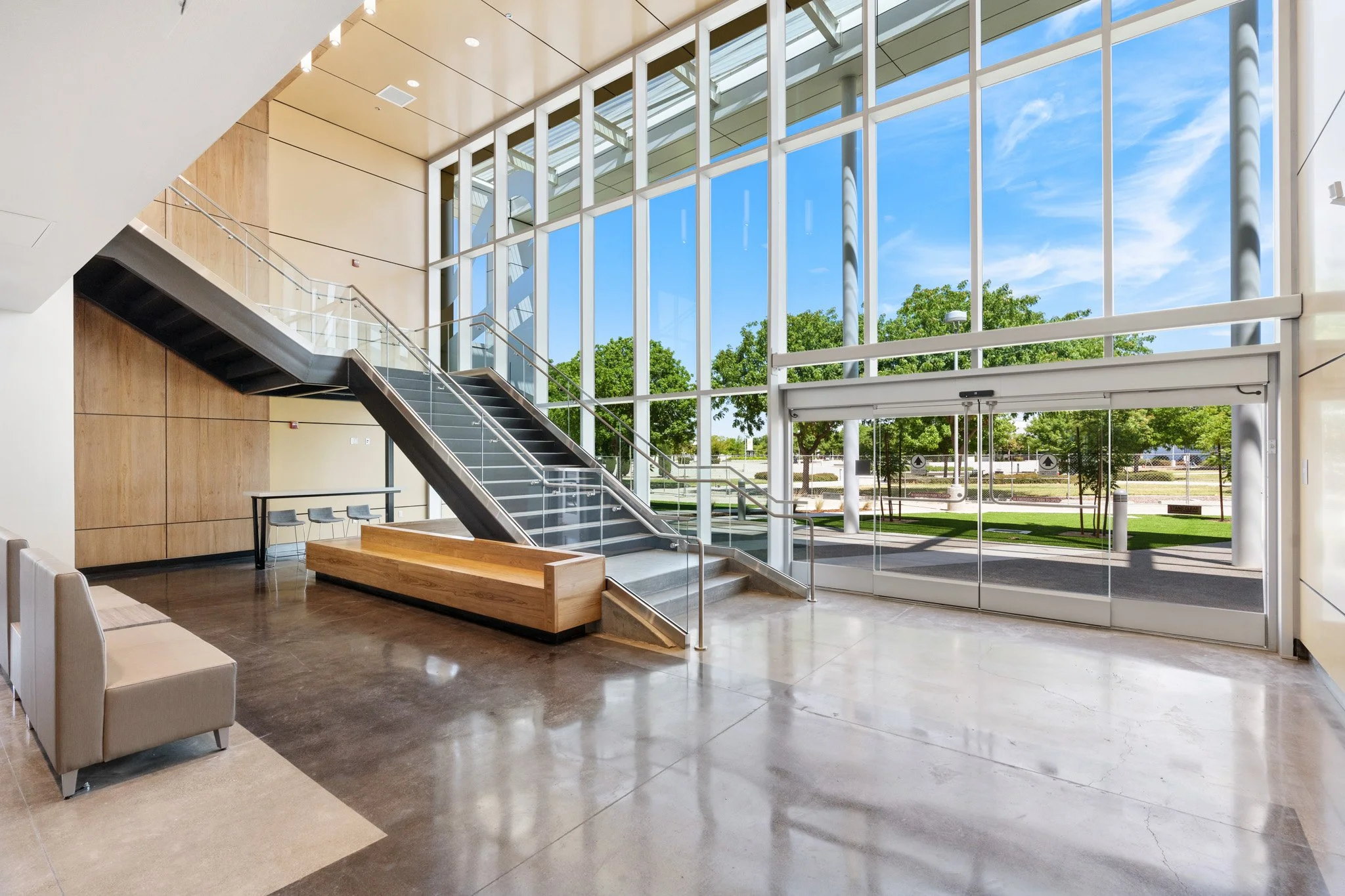 Madera Community College Academic Village 2 interior staircase with glass railing, Madera, CA