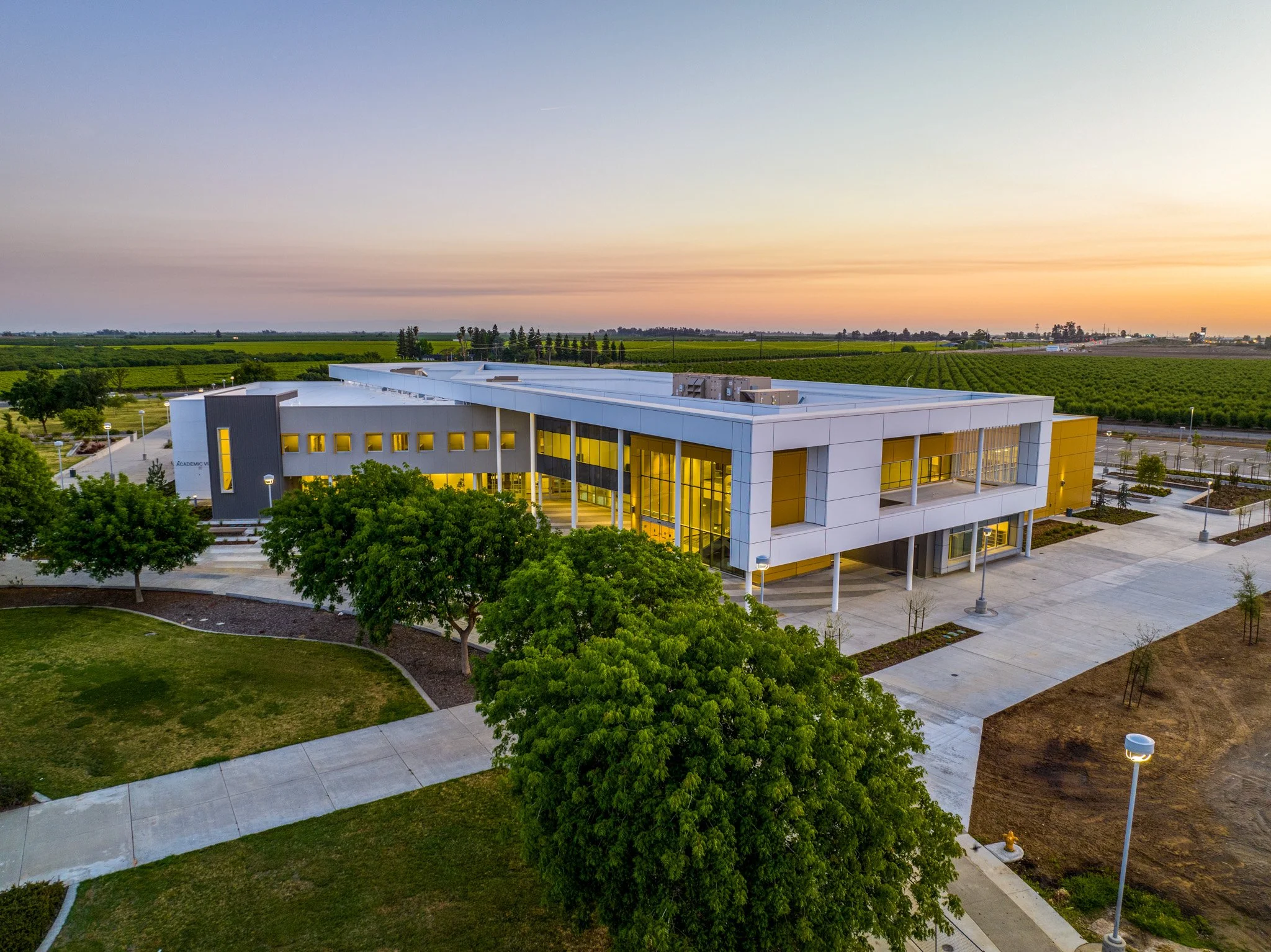 Madera Community College Academic Village 2 aerial twilight photo, BMY Construction, Madera, CA