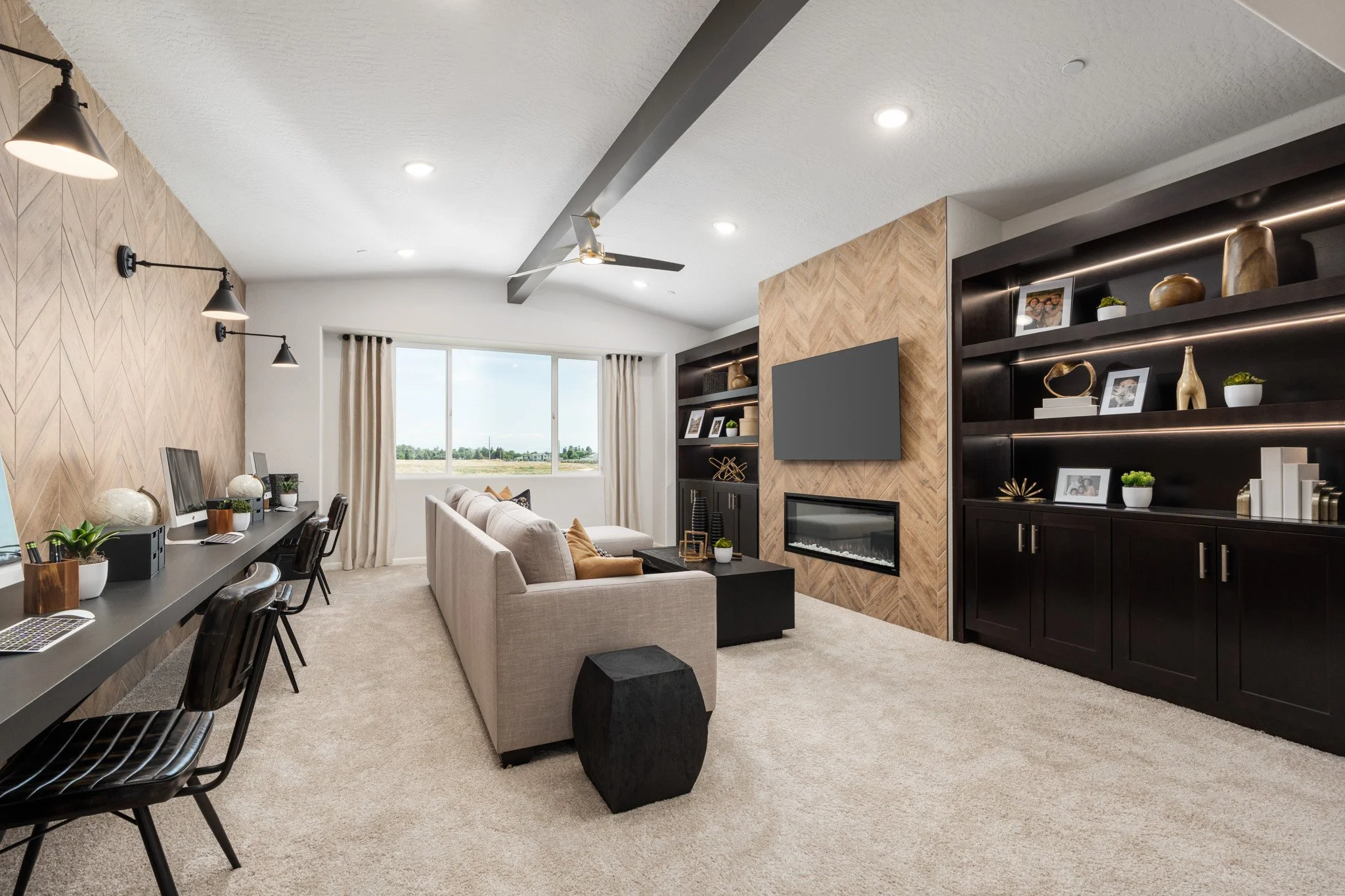 Regent Park model home media room with fireplace, Wilson Homes, Clovis, CA