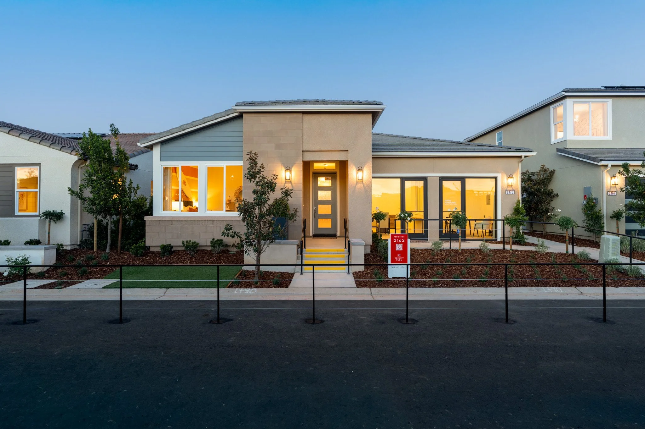 Regent Park model home twilight exterior, Wilson Homes, Clovis, CA