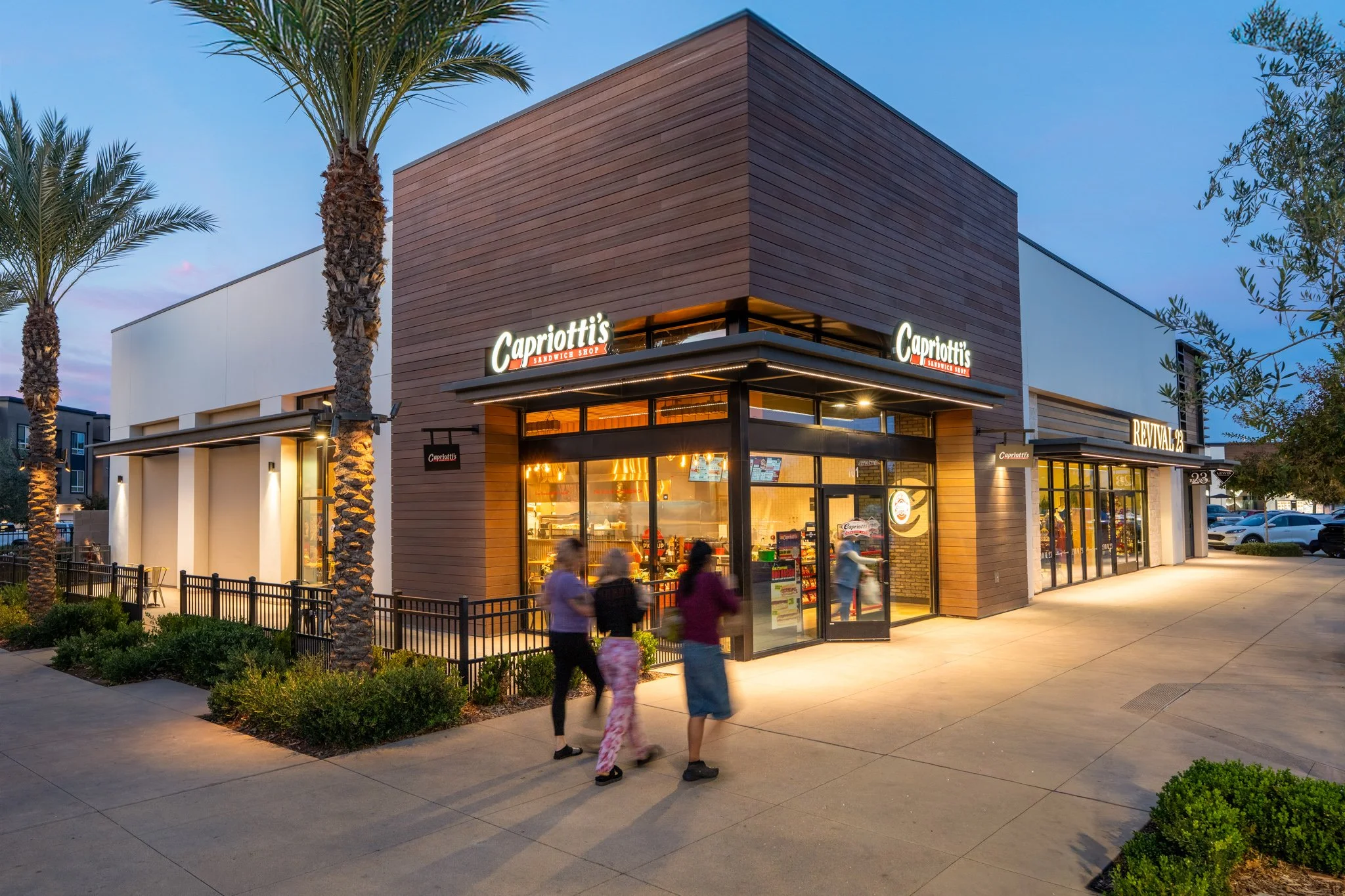 The Row at Heritage Grove retail storefront twilight photo, Fresno, CA