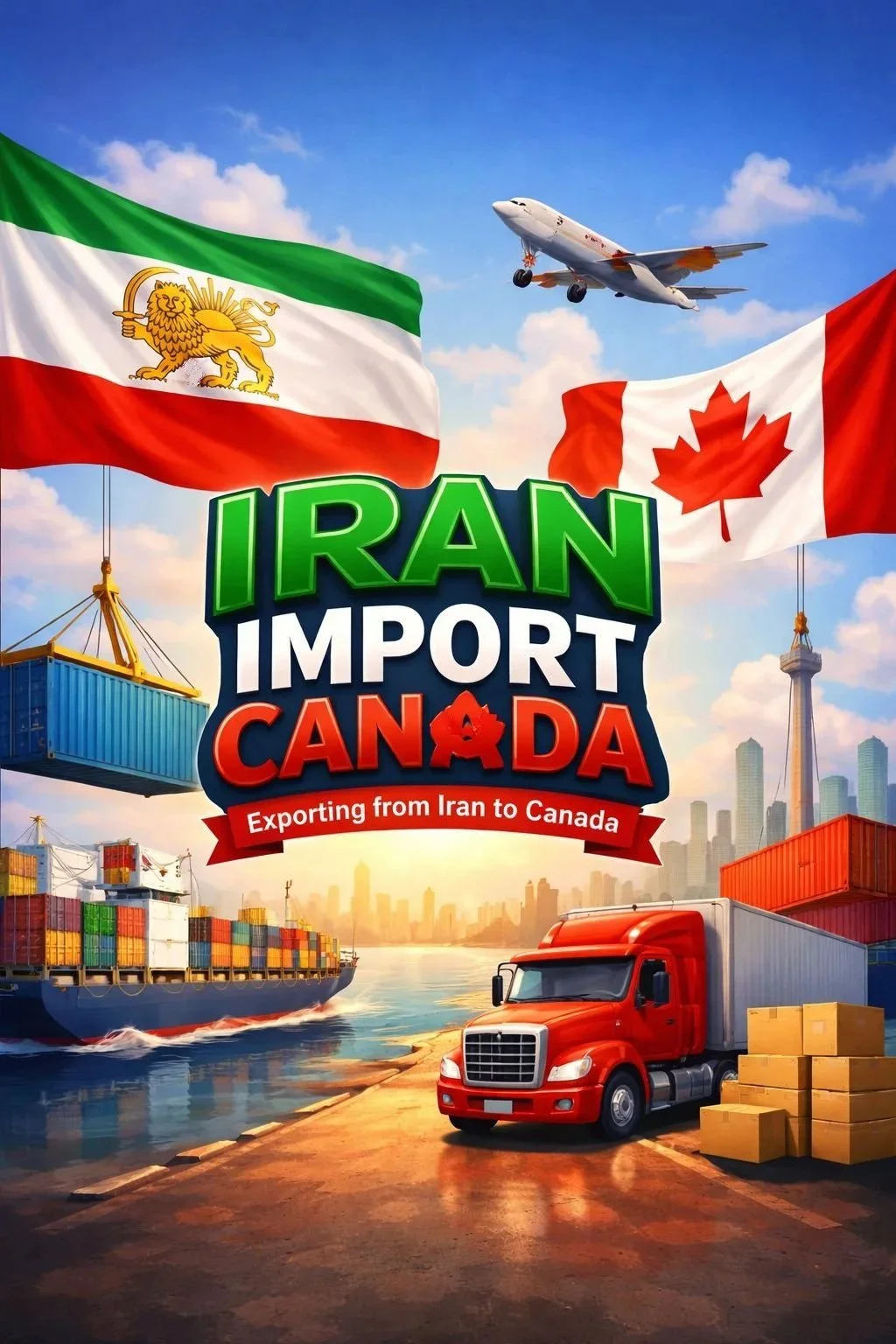 A digital illustration showing flags of Iran and Canada, shipping containers, a cargo ship, a red truck, an airplane, and a cityscape with skyscrapers. Text reads 'Iran Import Canada' and 'Exporting from Iran to Canada.'