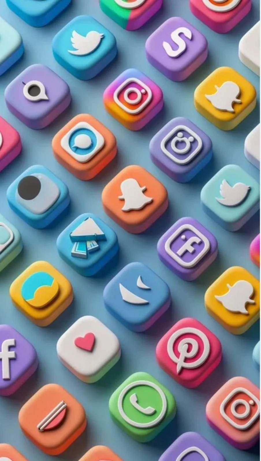 Colorful mobile app icons for various social media and communication platforms arranged on a blue background.
