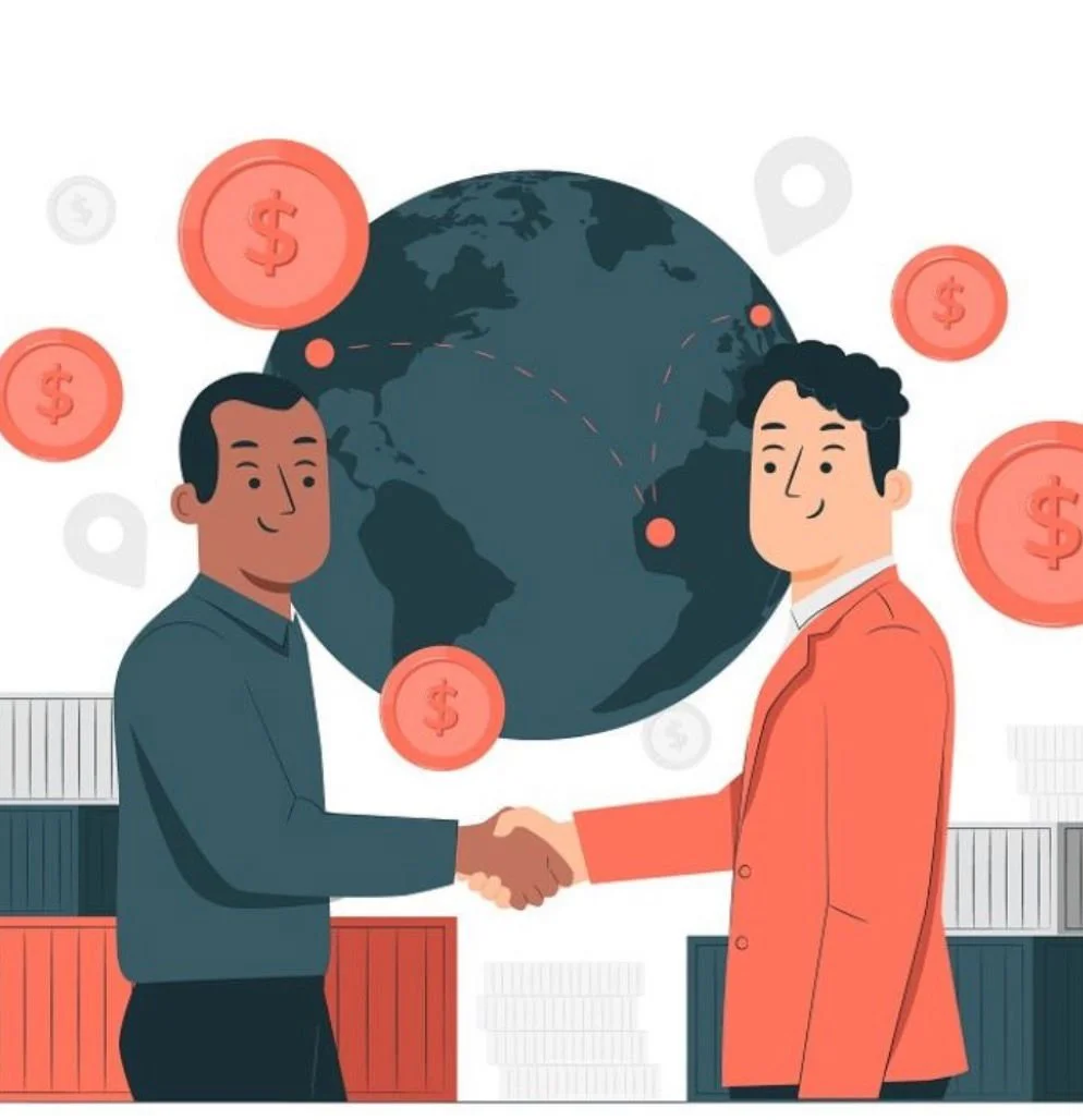 Two men shaking hands in front of a globe with dollar signs floating around, symbolizing international business or finance.
