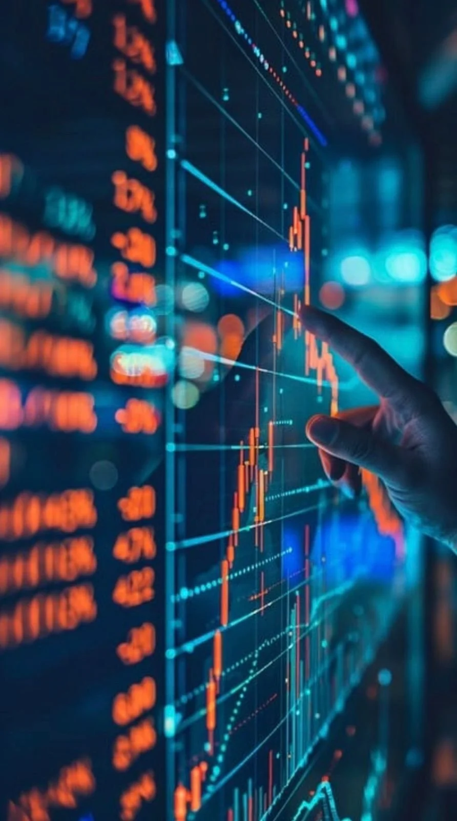 A person pointing at a digital stock market chart displayed on a screen with colorful lines and data, indicating financial trading activity.