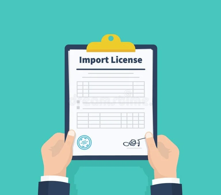 Hands holding a clipboard with an 'Import License' document on a teal background