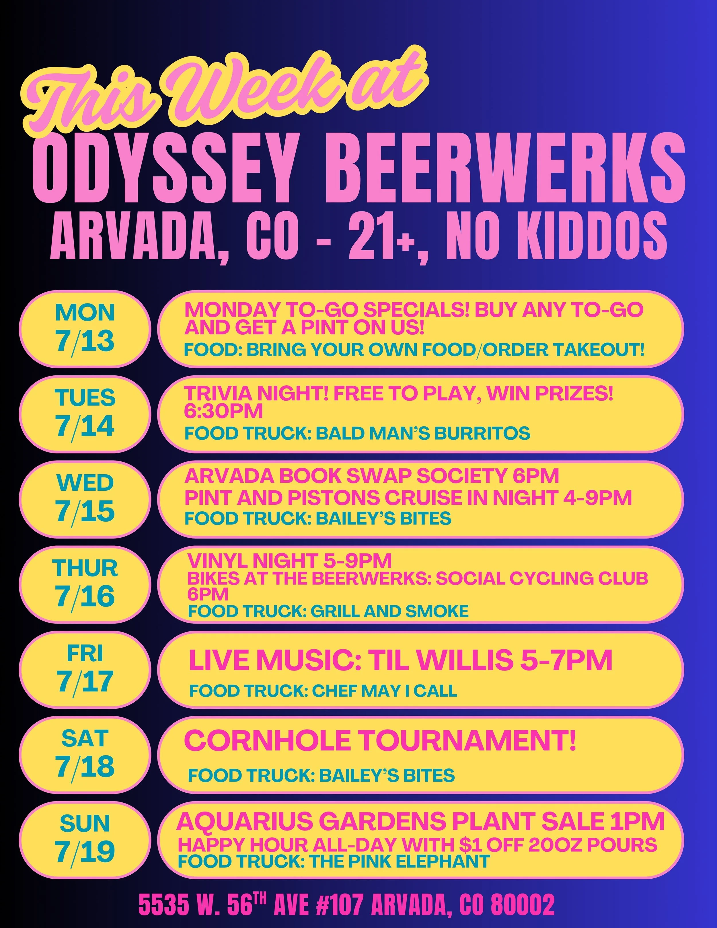 🍻 This Week at Odyssey Beerwerks 🍻

Monday- buy any to-go beer and get a pint on us 🍻

Tuesday- Trivia Night (6:30 PM) with @bald_mans_burritos outside 🌯

Wednesday Book Swap with @arvadabookswapsociety + Pint &amp; Pistons Cruise-In with @bailey