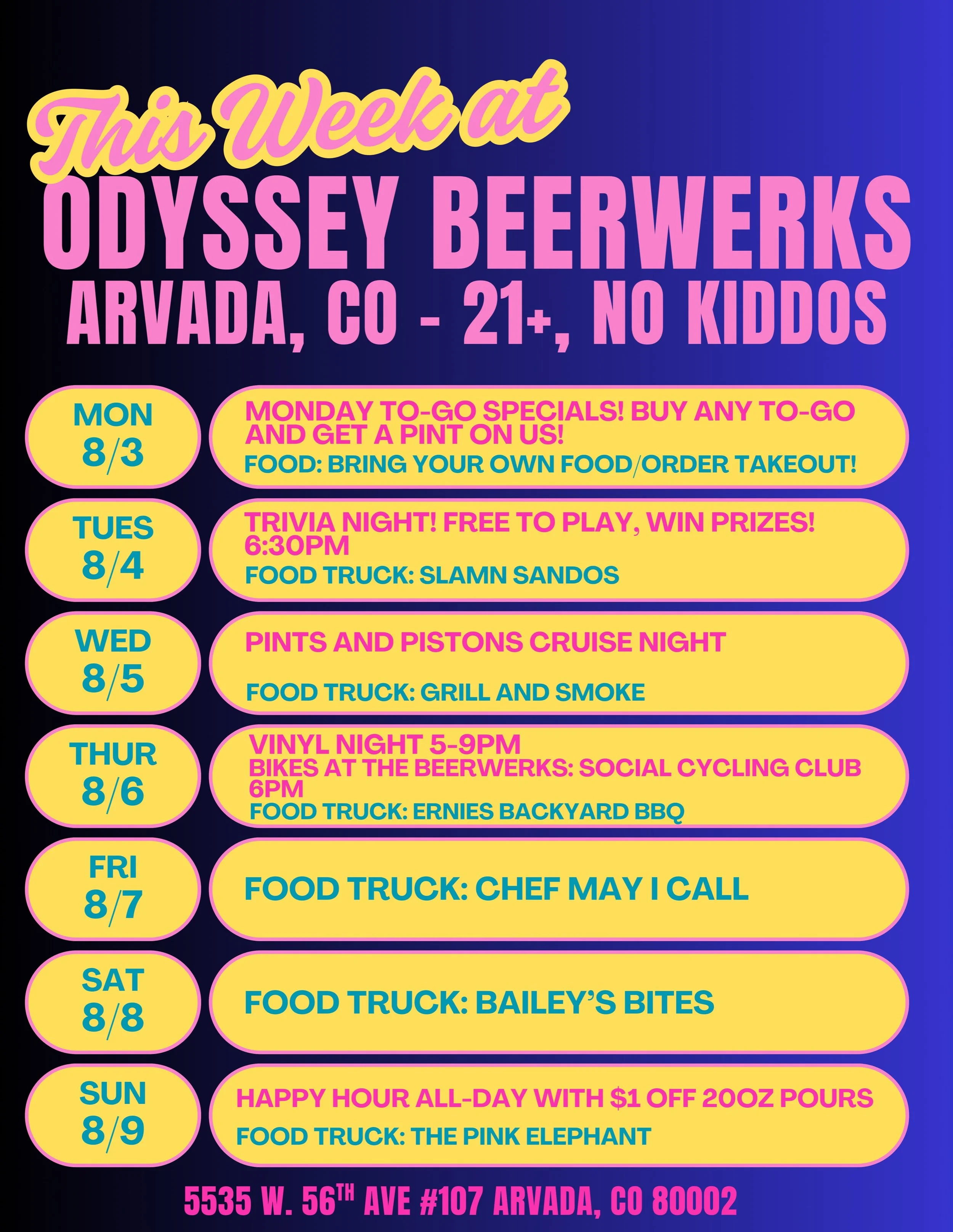 This week in the Odyssey taproom 🍻

Mon- buy any 4 or 6-pack and get a pint on us!

Tues- Trivia kicks off at 6:30pm with @slamnsandos outside 🥪

Wed- Pints and Pistons Cruise-in night, open to all, very casual! Cruise your hot rod in and grab a pi