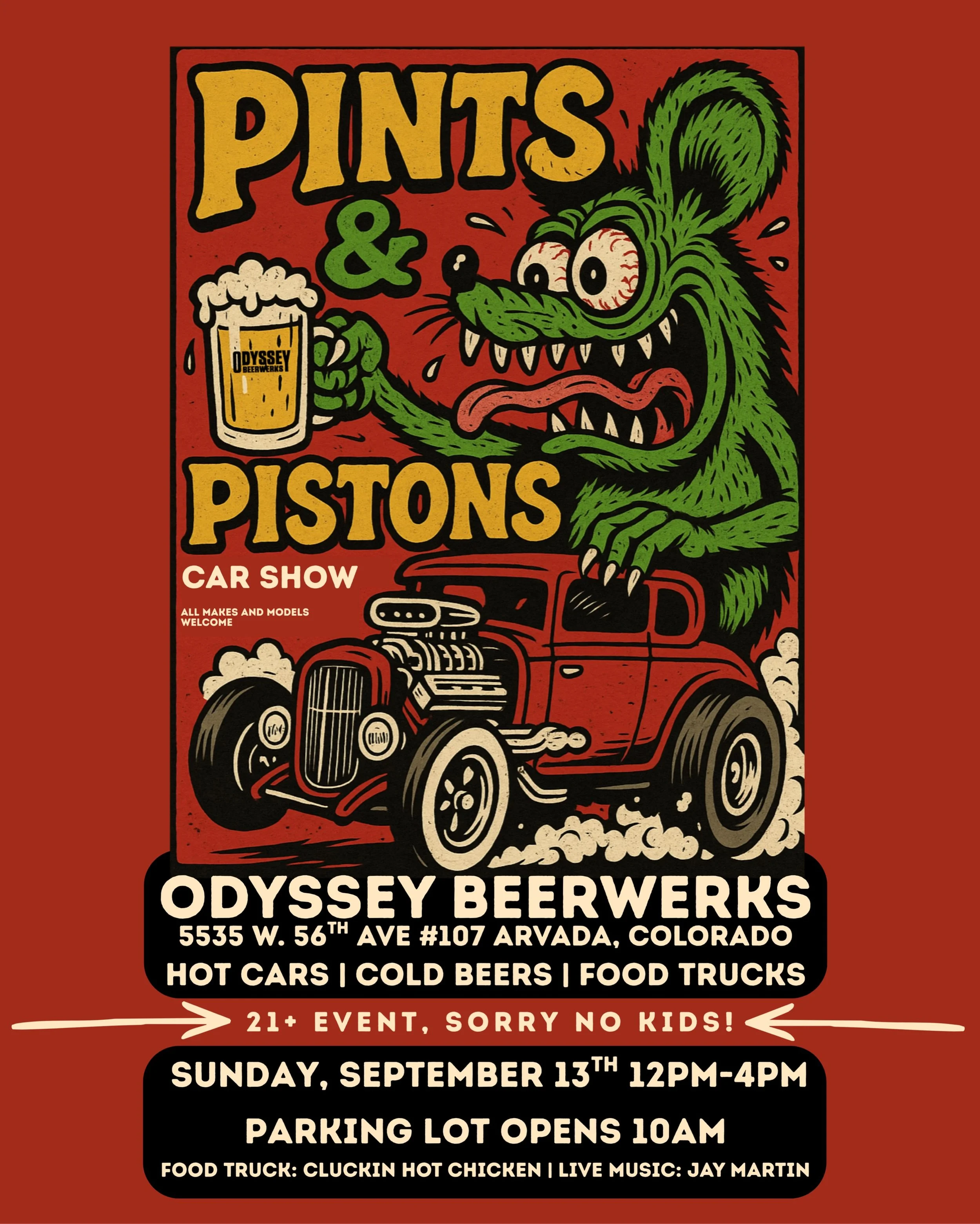 🏎️🍺 **PINTS &amp; PISTONS IS BACK!** 🍺🏎️

Join us Sunday, September 13th at Odyssey Beerwerks for another year of Pints &amp; Pistons Car Show!

All makes &amp; models welcome

Car Show: 12&ndash;4 PM
Parking lot opens: 10 AM
FREE to attend!
Food