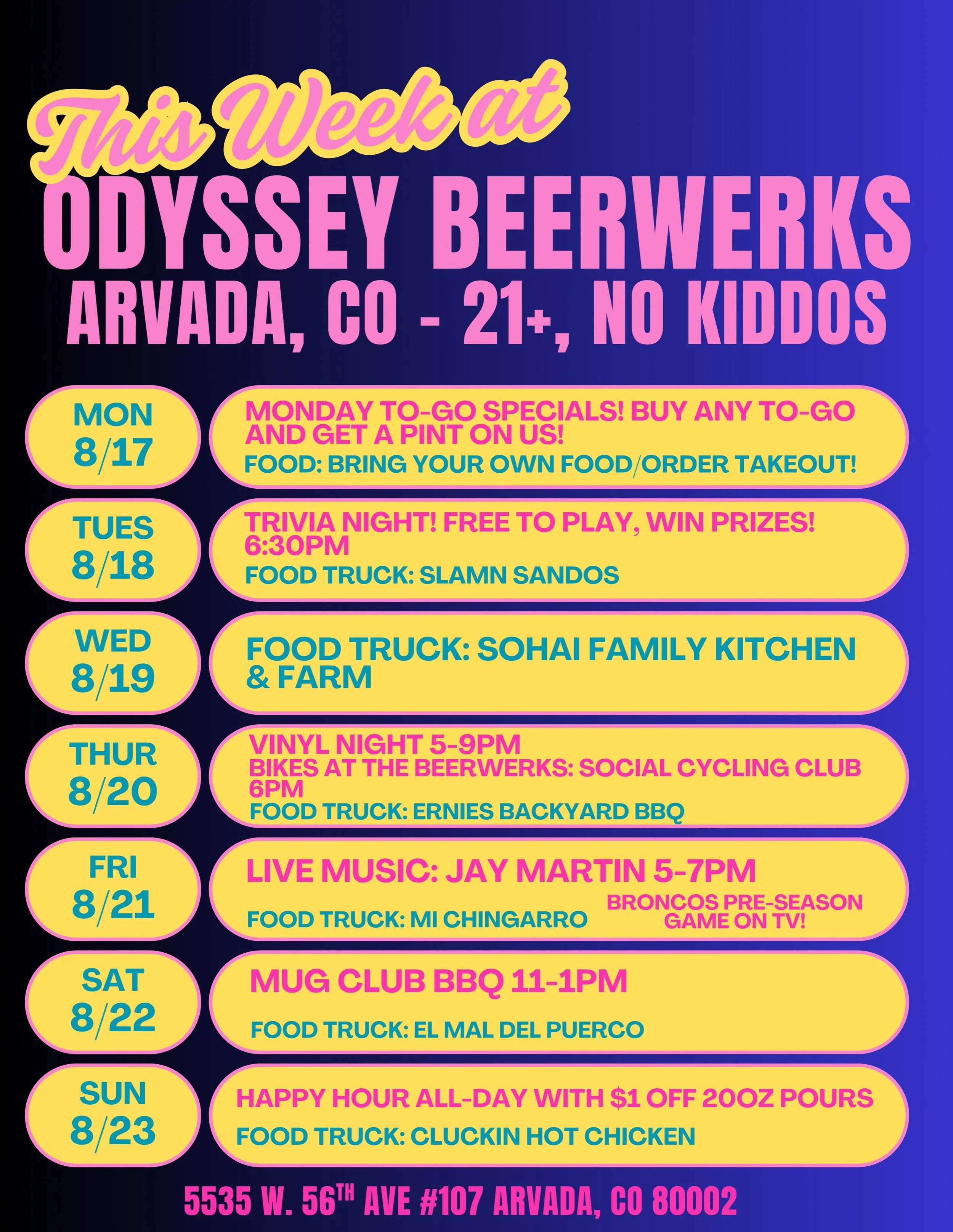 Happy Monday y&rsquo;all! Here&rsquo;s this weeks happenings in the taproom 🍻🕺

Mon- buy any 4 or 6-pack and get a pint on us!

Tues- Trivia with Noah! Kicks off at 6:45pm, free to play 🤘 @slamnsandos will be outside with the goods 🥪

Wed- @sohai