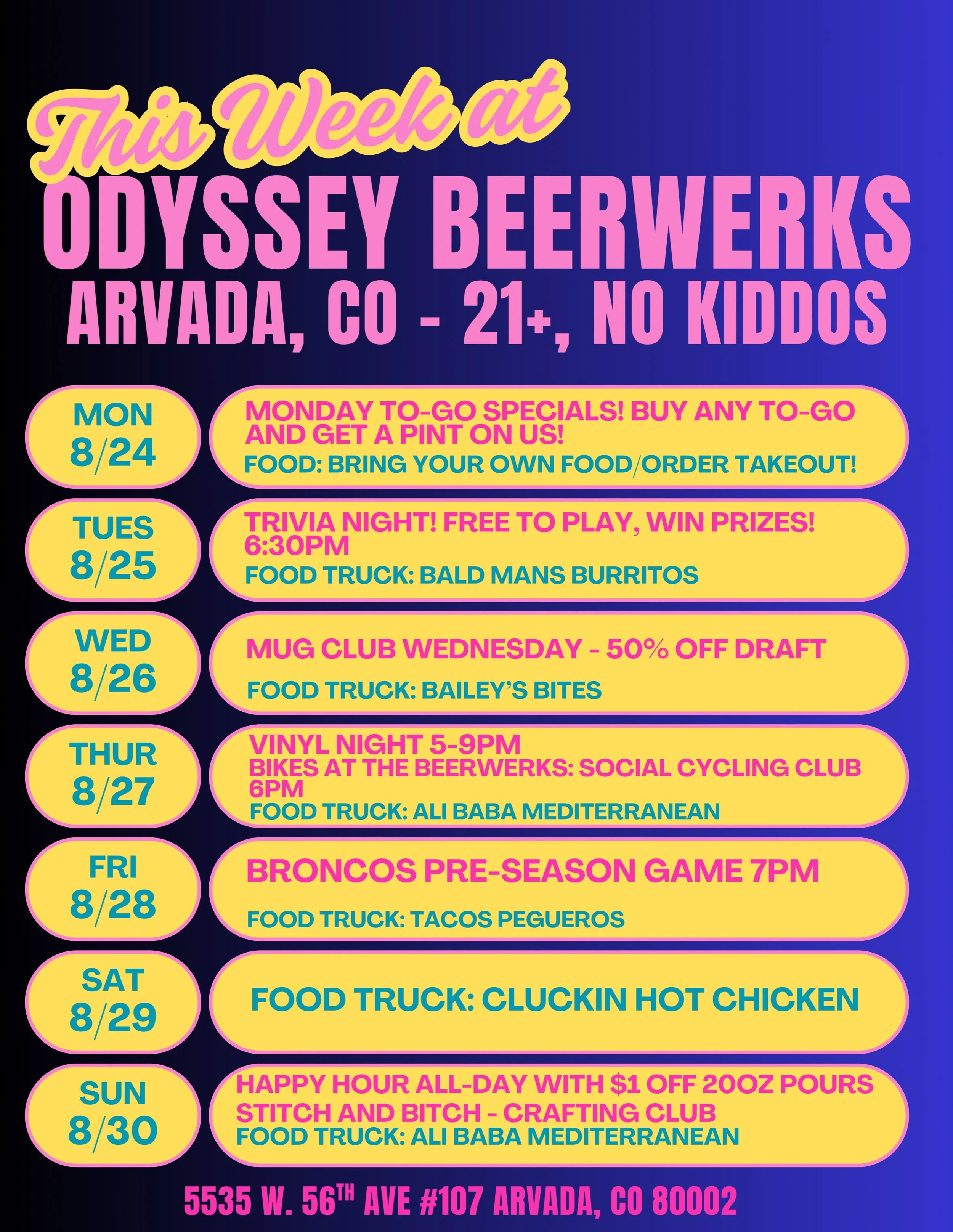 Here&rsquo;s what&rsquo;s happening this week in the taproom! 🍻

TUESDAY 🧠 Put your brain to work! Trivia Night kicks off at 6:30PM. It&rsquo;s free to play, and you could walk away with prizes! Food Truck: Bald Man&rsquo;s Burritos

WEDNESDAY 🍺💸