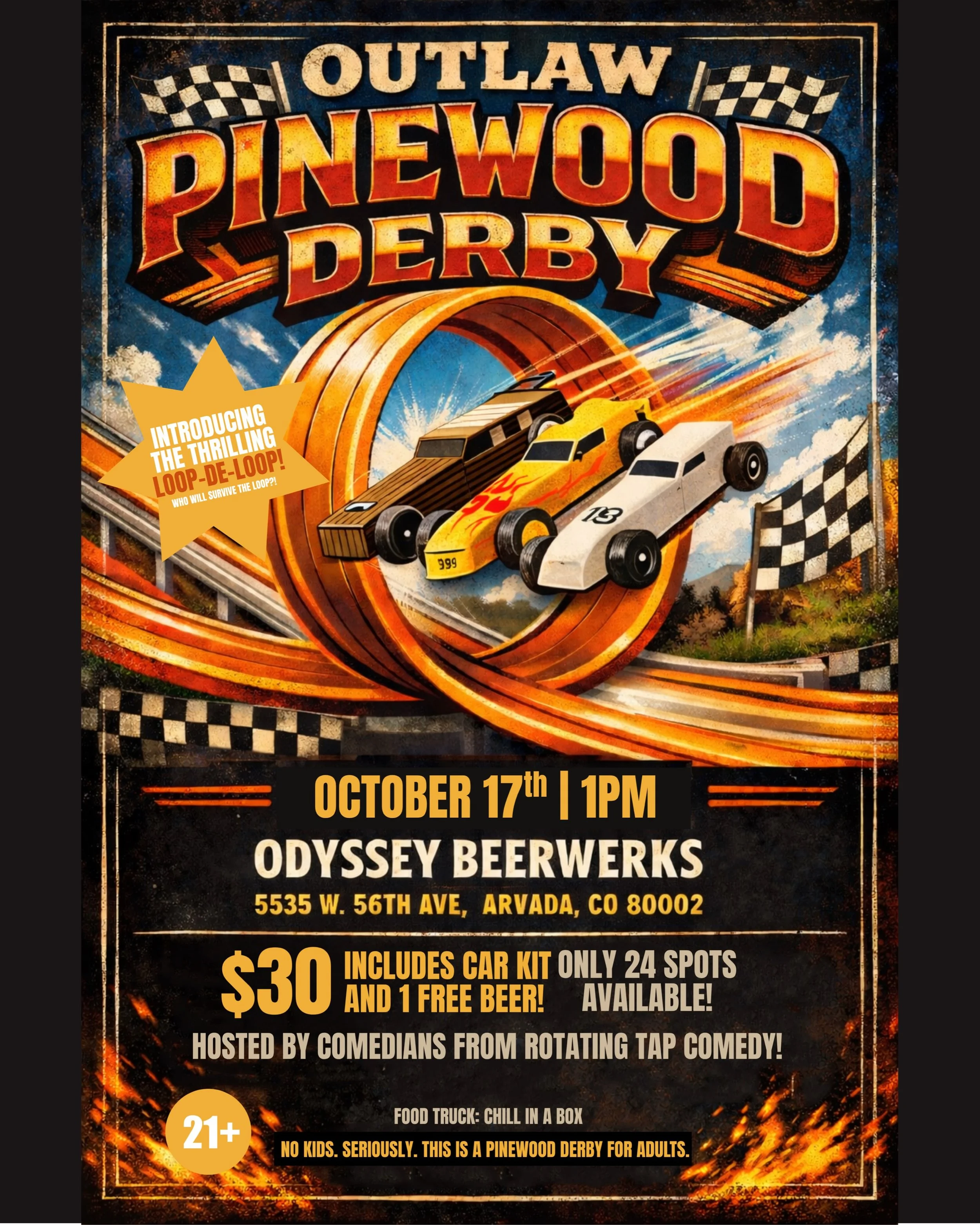 OUTLAW PINEWOOD DERBY REGISTRATION IS OPEN!

Only 24 spots are available for this falls Outlaw Pinewood Derby at Odyssey Beerwerks! Sign up now before they fill up 🏎️

The loop-de-loop is back for another round of pinewood mayhem, hosted by our frie