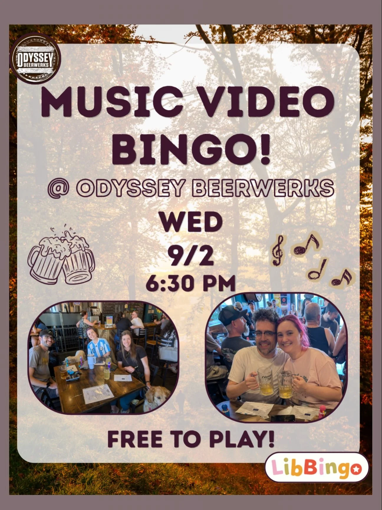 MUSIC VIDEO BINGO 🎶🕺 Tonight starting at 6:30 with LibBingo! Free to play! 

Mi Changarro will be outside this evening 🌮🌯🇲🇽

Let&rsquo;s party!
