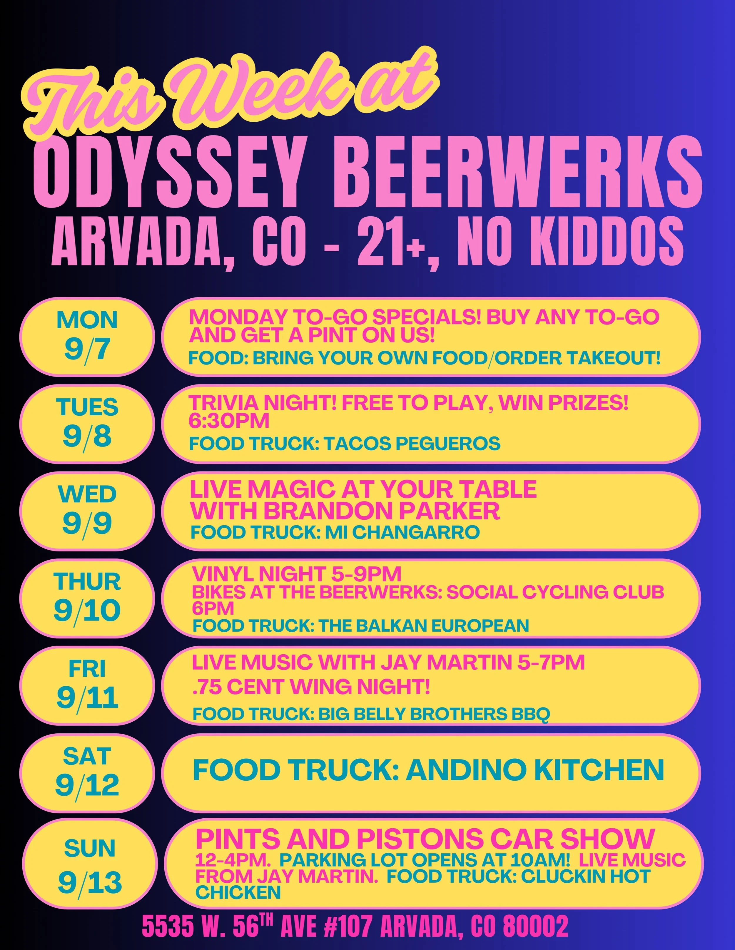 This week in the Odyssey taproom 🍻

Tues- Trivia Night kicks off at 6:30pm! @pegueros_mexi will be outside 🌮🌮

Wed- Free magic at your table from magician @brandonparkermagic 5-7pm with Mi Changarro outside!

Thurs- Vinyl Night kicks off at 5pm, b