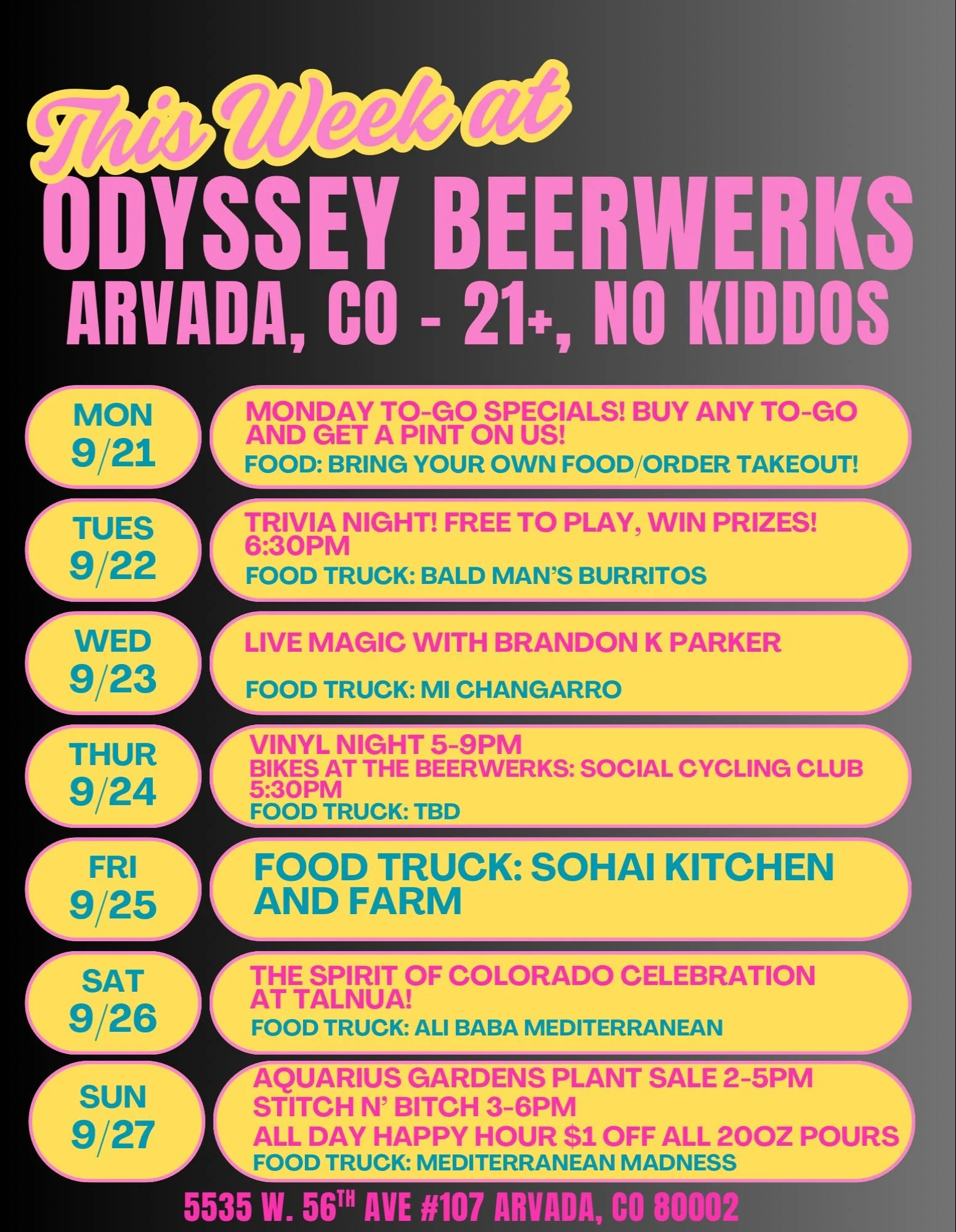 Happy Tuesday beer fans! Here&rsquo;s what&rsquo;s happening this week at the Odyssey Taproom 🍻

Mon- buy any Togo beer and get a free pint on us!

Tues- Trivia Night kicks off at 6:30pm with @bald_mans_burritos outside 🌯

Wed- @brandonparkermagic 