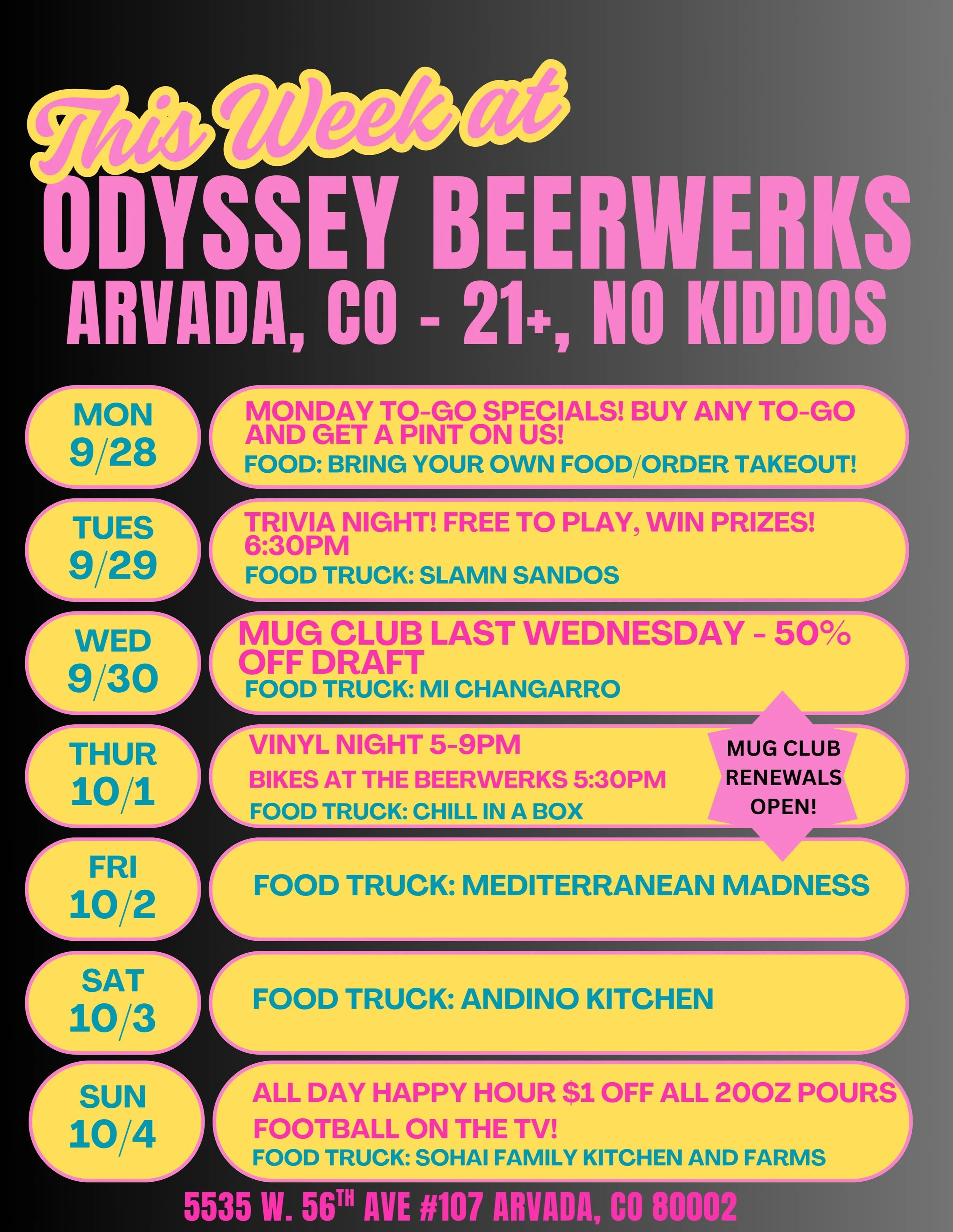 Happy Tuesday! Here&rsquo;s what&rsquo;s happening in the taproom this week 🍻

Tues- Trivia Night kicks off at 6:30pm with @slamnsandos outside! Plus a fresh batch of Adventure Juice Hazy IPA is back on tap 🍻🤤

Wed- Mug Club Final Wednesday - 50% 