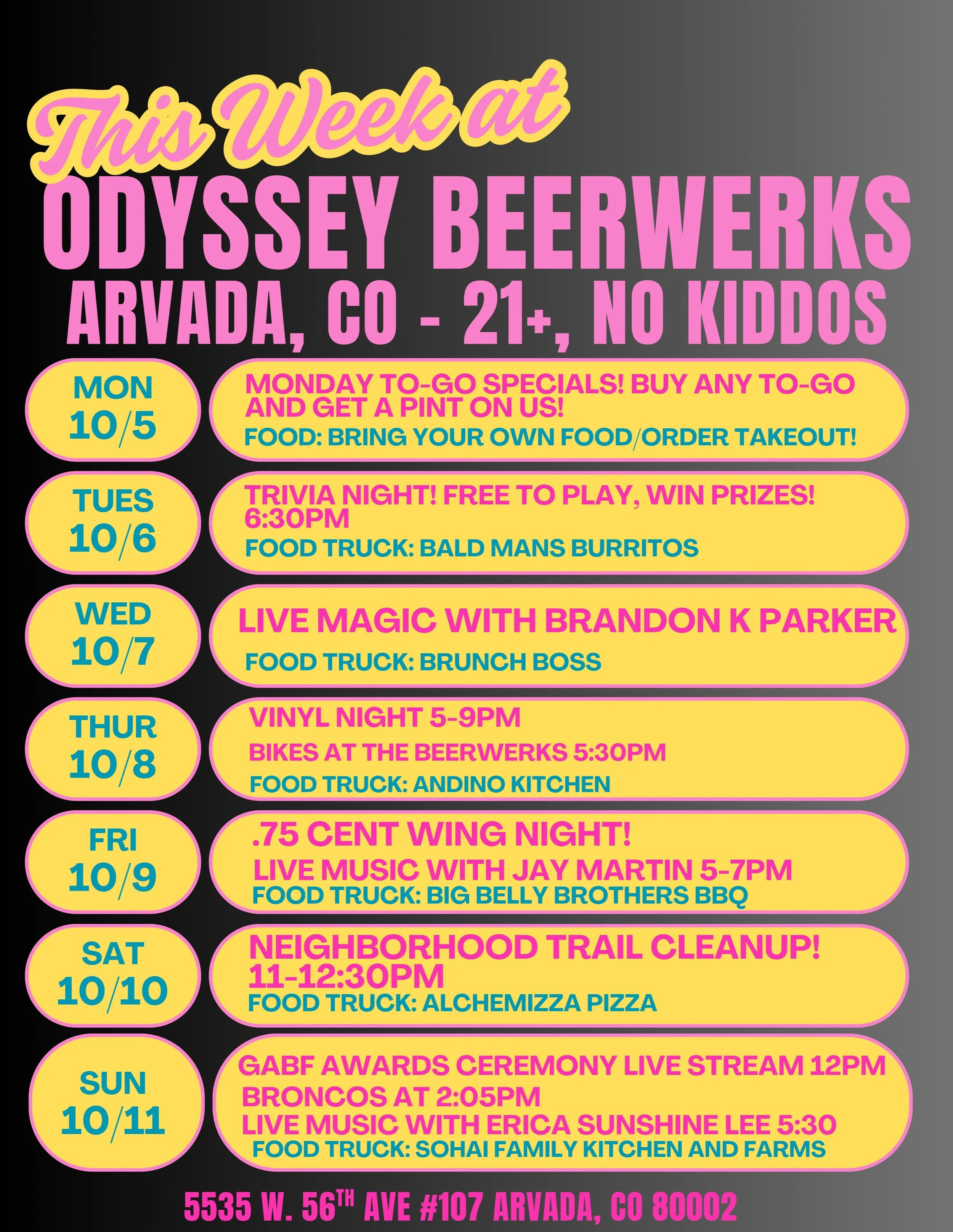 Happy Tuesday! Here&rsquo;s what&rsquo;s happening this week in the Odyssey taproom 🍻

Tues- Trivia night kicks off at 6:30 with @bald_mans_burritos outside!

Wed- @brandonparkermagic is back with FREE live table magic! Brunch Boss food truck will b