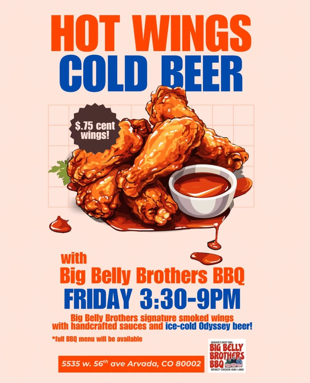 Happy Friday y&rsquo;all! @bigbellybrothersbbq is back tonight with .75cent wings plus a full BBQ menu! @jaymartin.music will be here from 5-7pm with the jams!