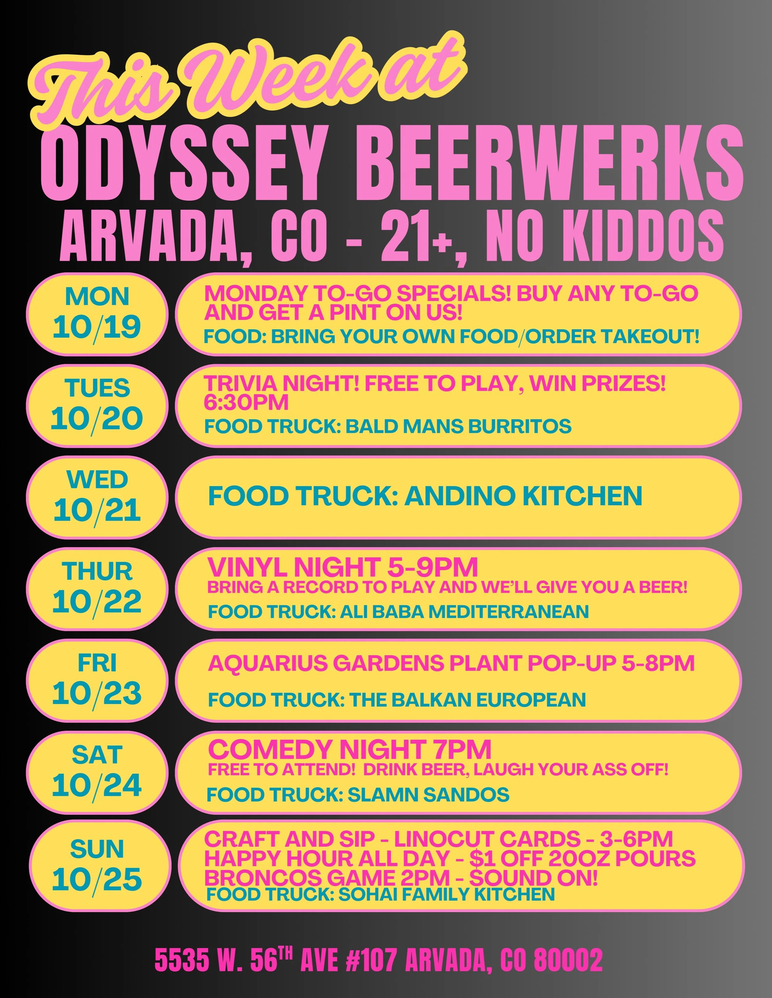 Here&rsquo;s what&rsquo;s happening in the taproom this week 🤘

Tues- Trivia Night with DJ Noah kicks off at 6:30pm with @bald_mans_burritos outside 🍻🌯

Wed- @andino.kitchen will be outside!

Thurs- Vinyl Night kicks off at 5pm with @ali_baba_gril