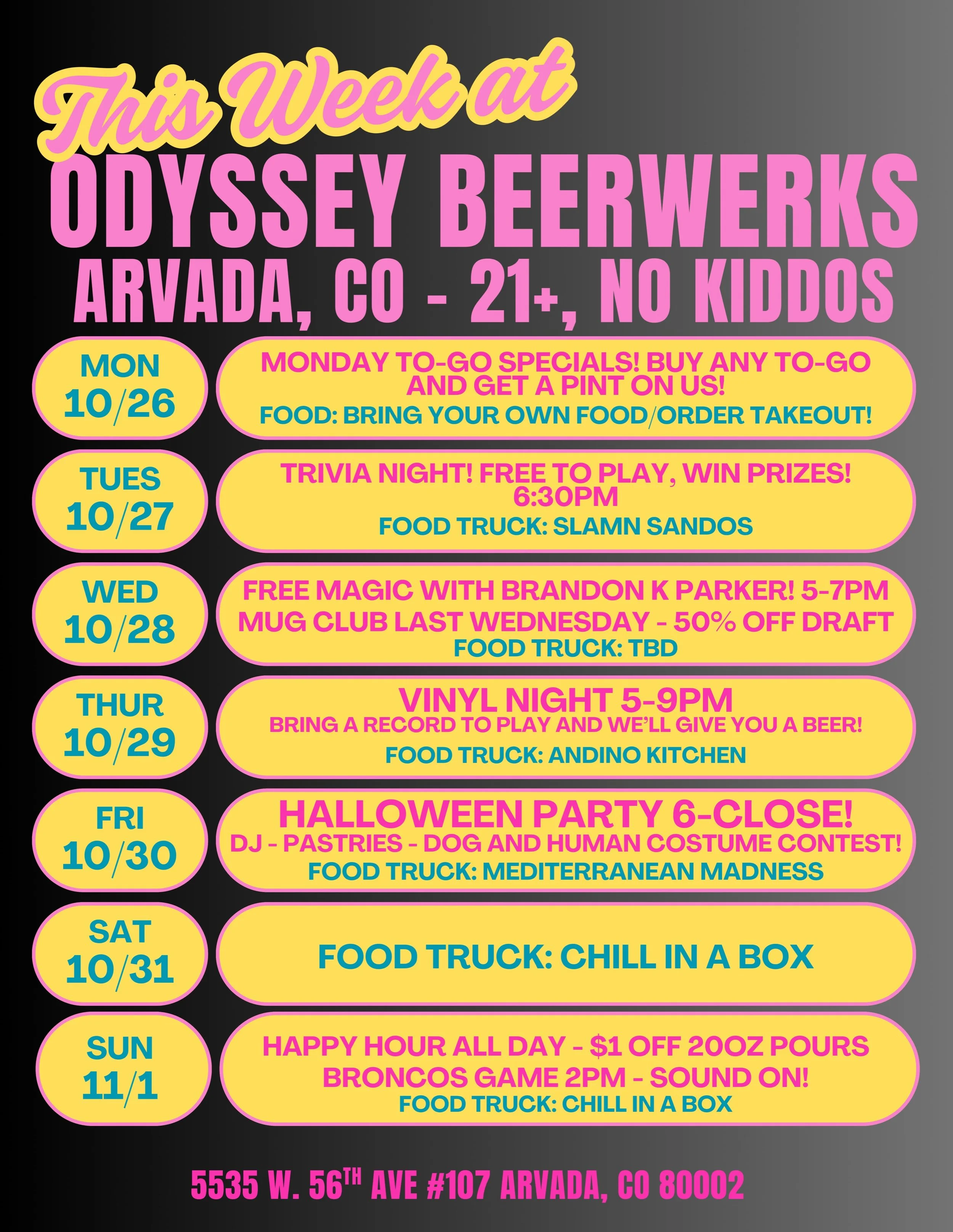 Here&rsquo;s your week at Odyssey 👻

Mon- Buy any Togo beer and get a pint on us!

Tues- Trivia Night with DJ Noah kicks off at 6:30pm with @slamnsandos outside!

Wed- FREE live magic with @brandonparkermagic from 5-7pm! Plus it&rsquo;s the last Wed