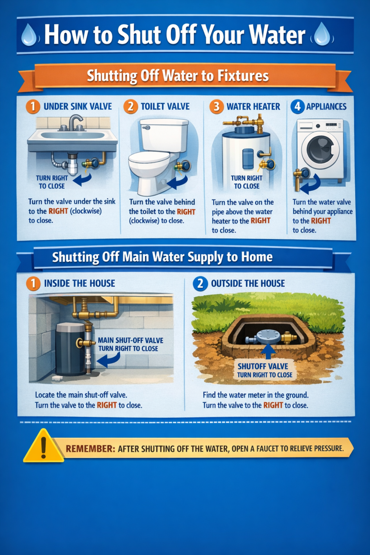 Chart showing how to shut off water in the event of a leak