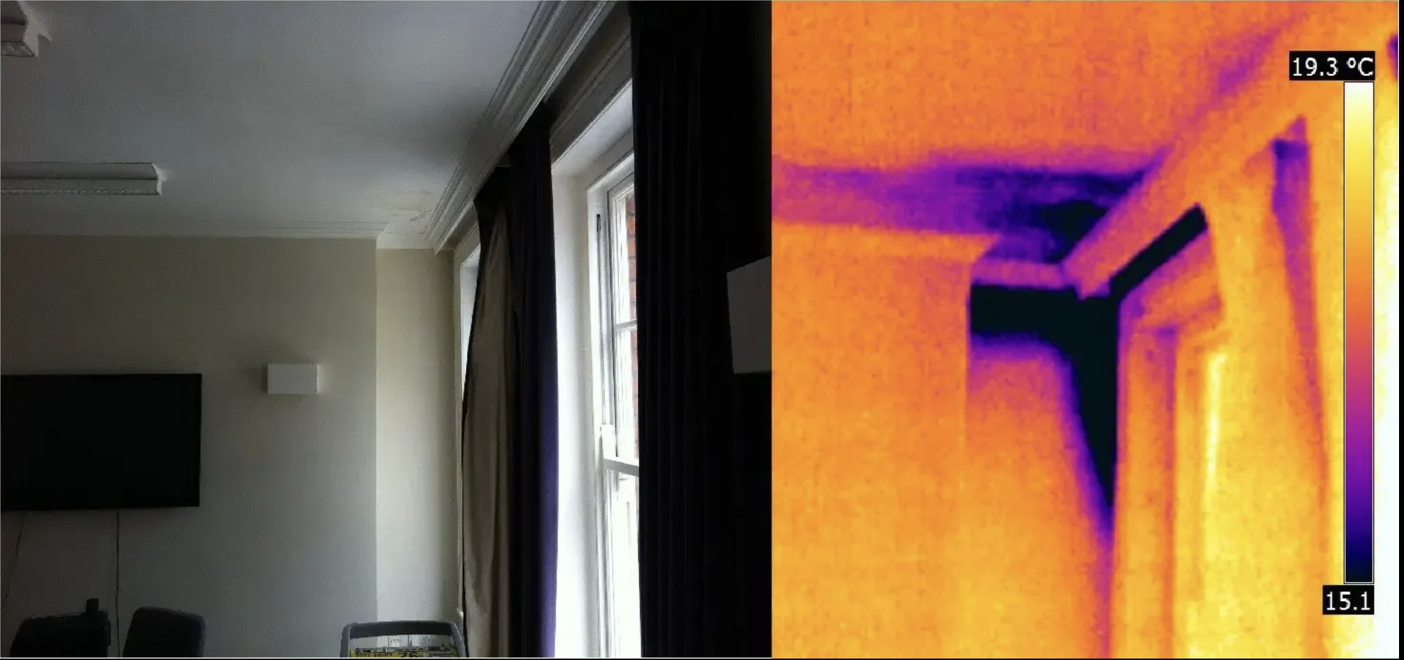 Infrared image of water damaged area. Water damage can be hard to detect, but our infrared cameras make it easy.