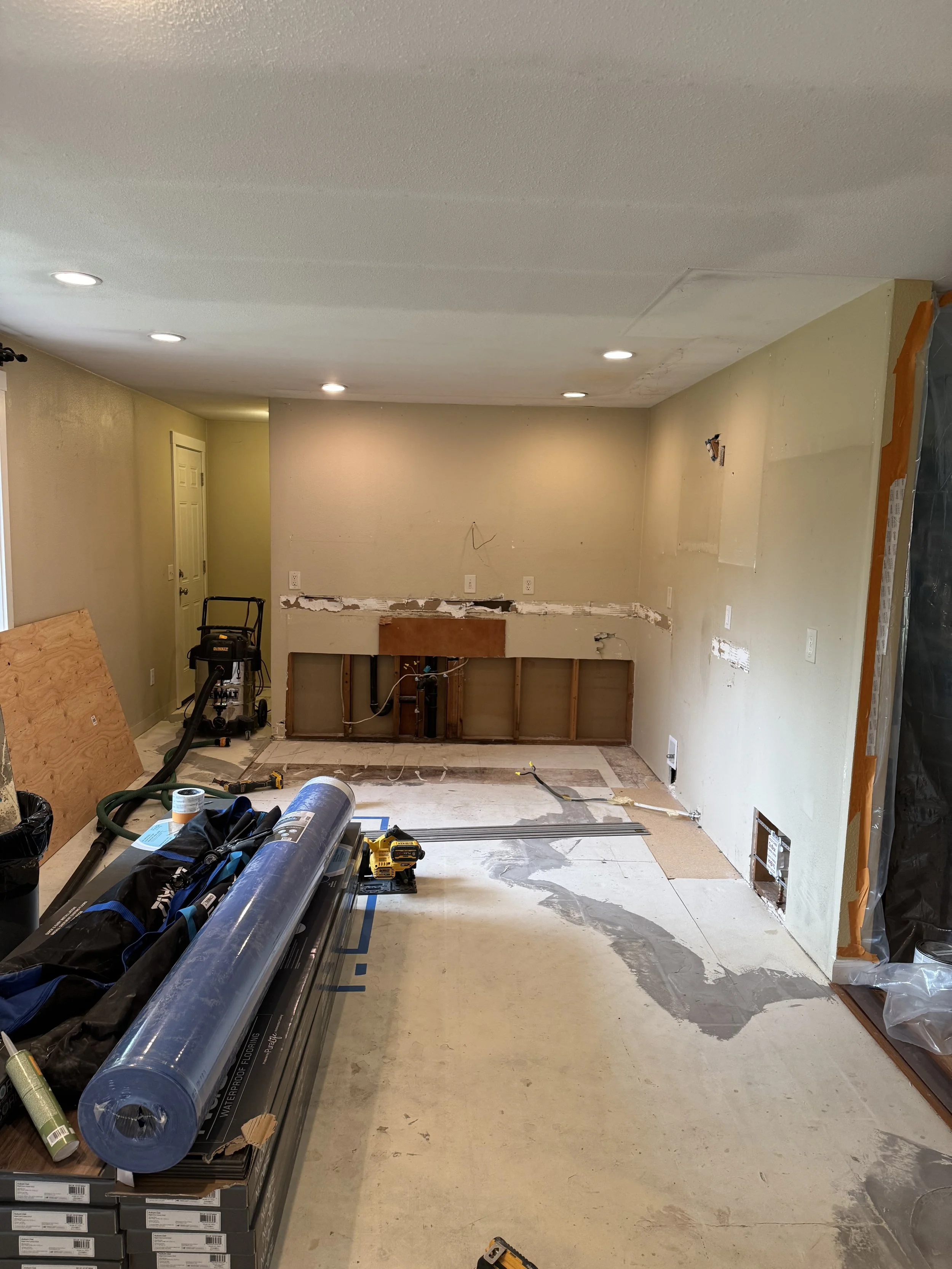 Kitchen had water damage caused by a dishwasher. This is the process of remodeling the entire kitchen.