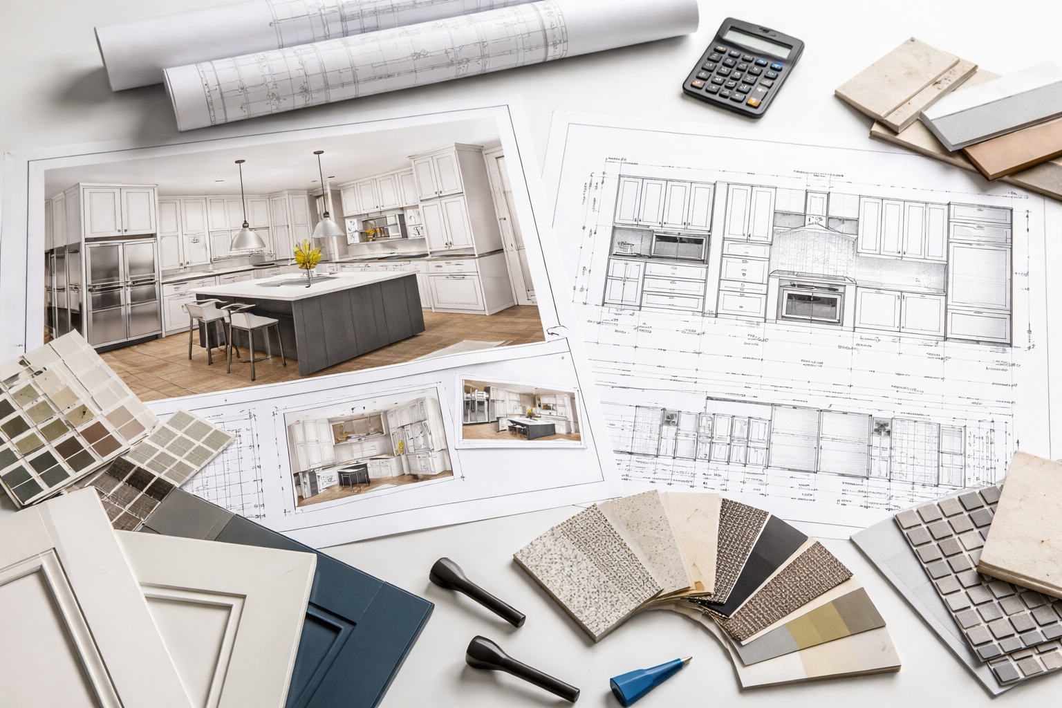 Remodel plans for a kitchen after water damage.