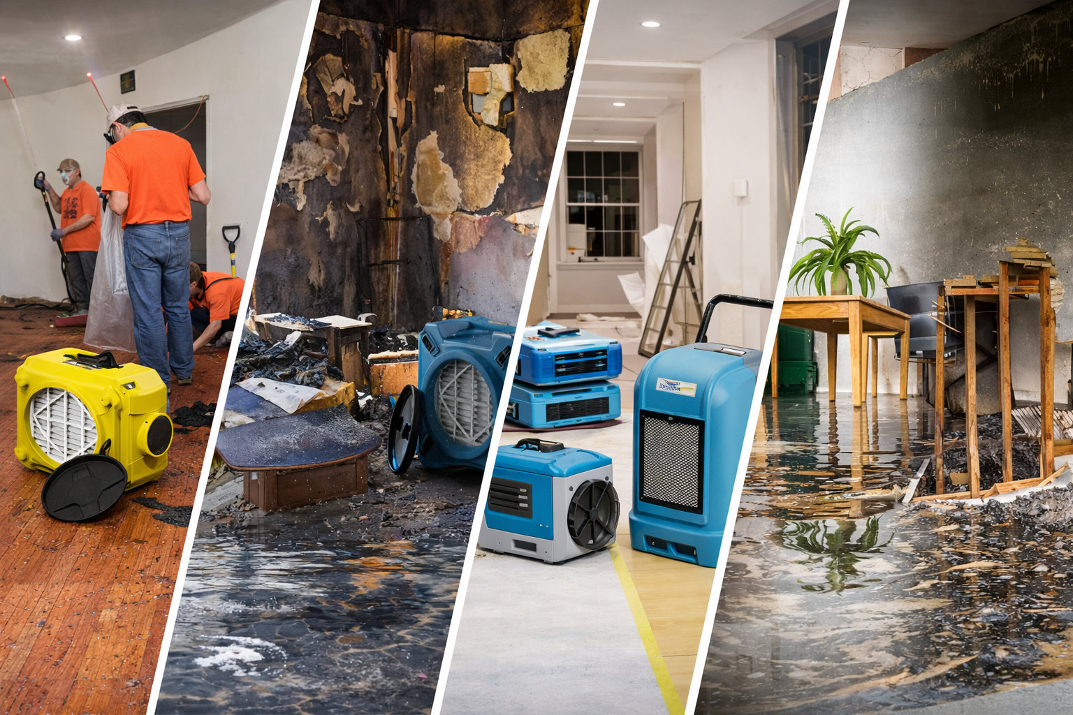 Sequence of four images showing fire damage restoration: workers cleaning soot from a wooden floor, charred wall with smoke damage, indoor space with dehumidifiers after firefighting, and flooded room with water damage and damaged furniture.