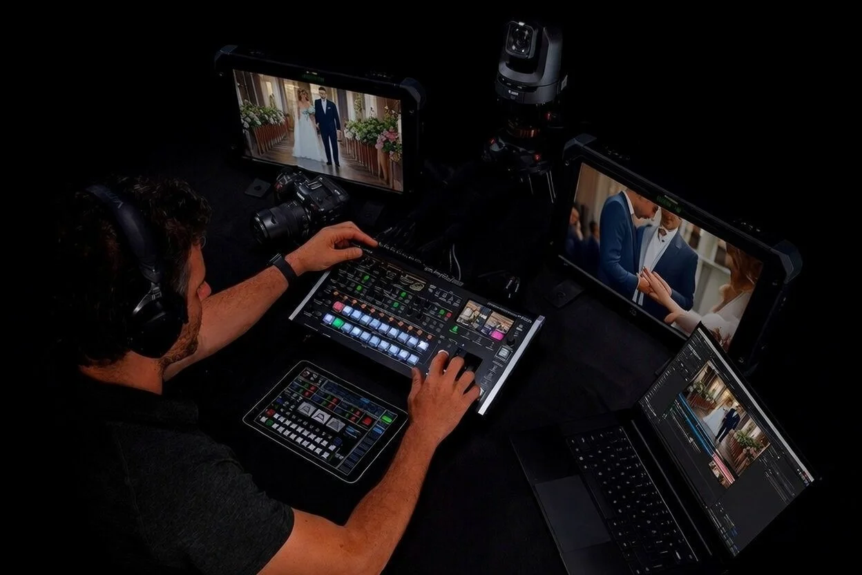 A videographer operates multiple screens, sound and lighting equipment, and a camera to record a wedding ceremony featuring a bride and groom.