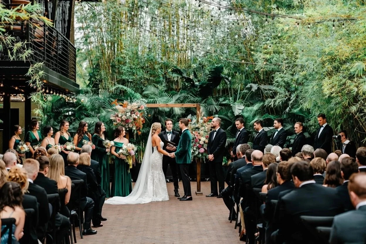 A wedding ceremony taking place outdoors in a lush, green garden with a bride and groom exchanging vows, surrounded by bridesmaids and groomsmen, with numerous seated guests.