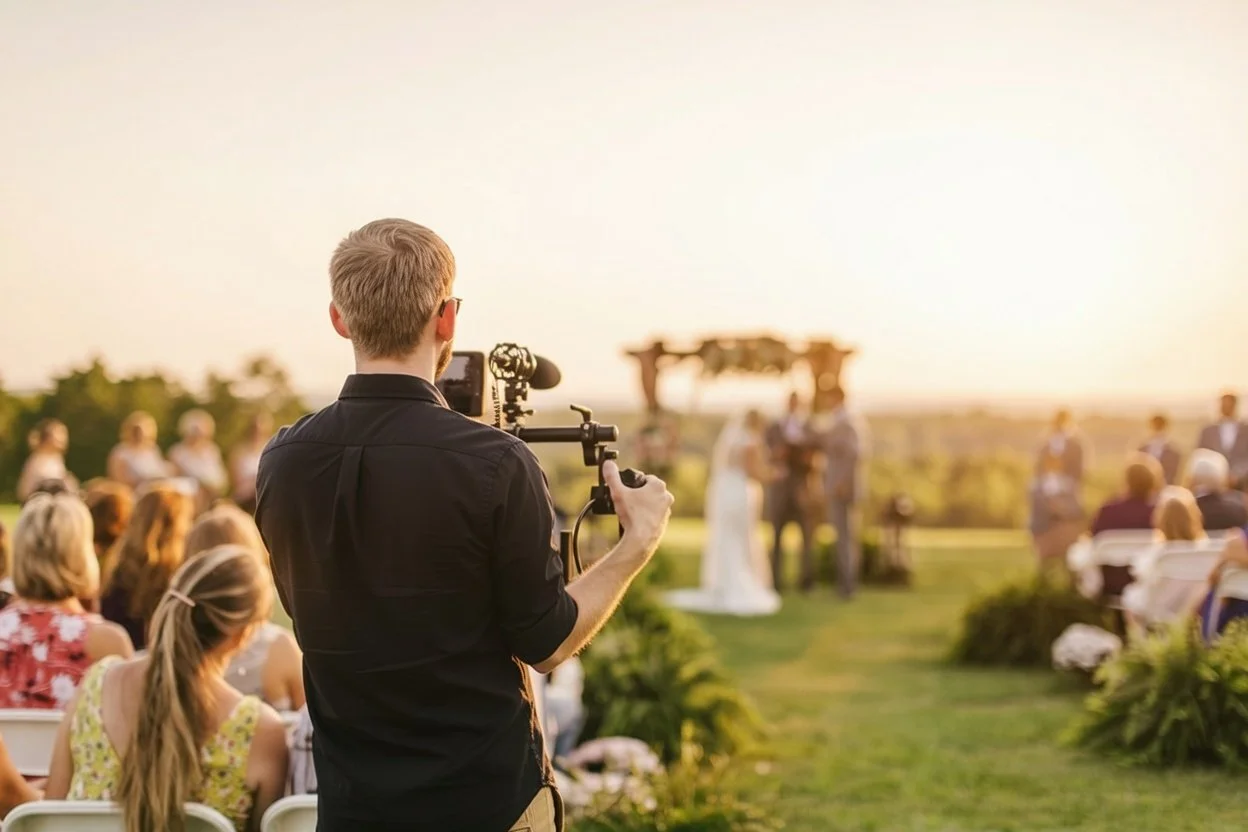 A videographer with a camera on a stabilizer filming at an outdoor wedding ceremony in the late afternoon sunlight. Guests are seated in rows, and an altar with a white cloth is visible in the background.