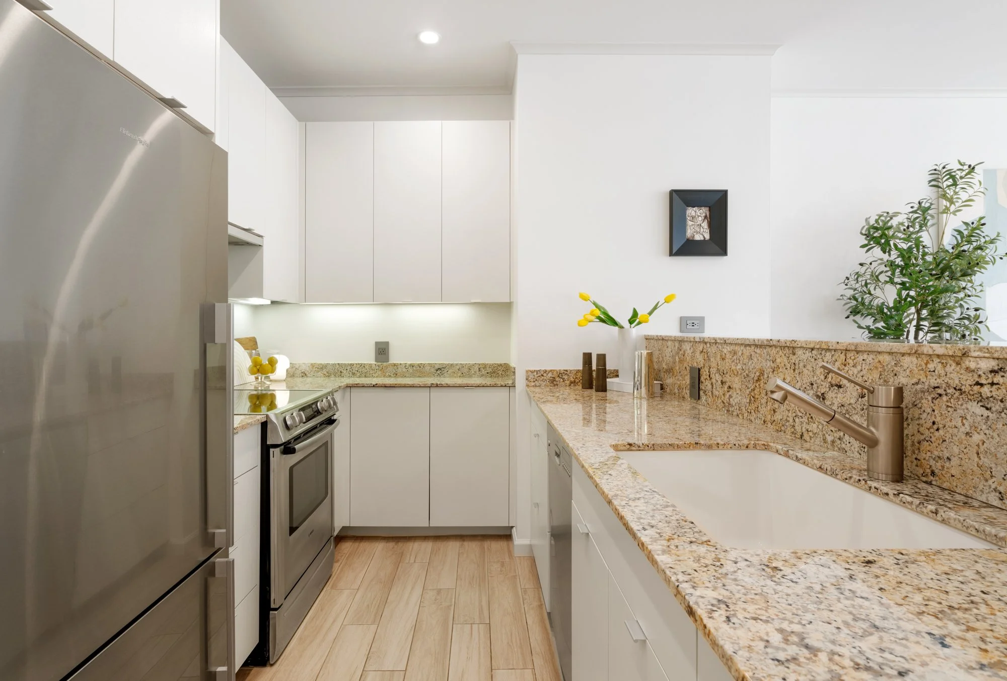 Modern kitchen with white cabinets, granite countertops, a stainless steel refrigerator, stove, and sink, decorated with flowers, small framed artwork, and plants.