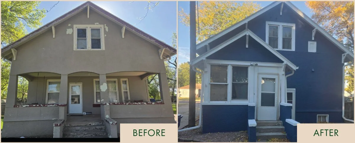Side-by-side comparison of a house before and after renovation. The 'before' shows a beige house with peeling paint, missing siding, and a damaged front porch. The 'after' shows the same house painted blue, with new siding, a restored porch, and overall improved appearance.