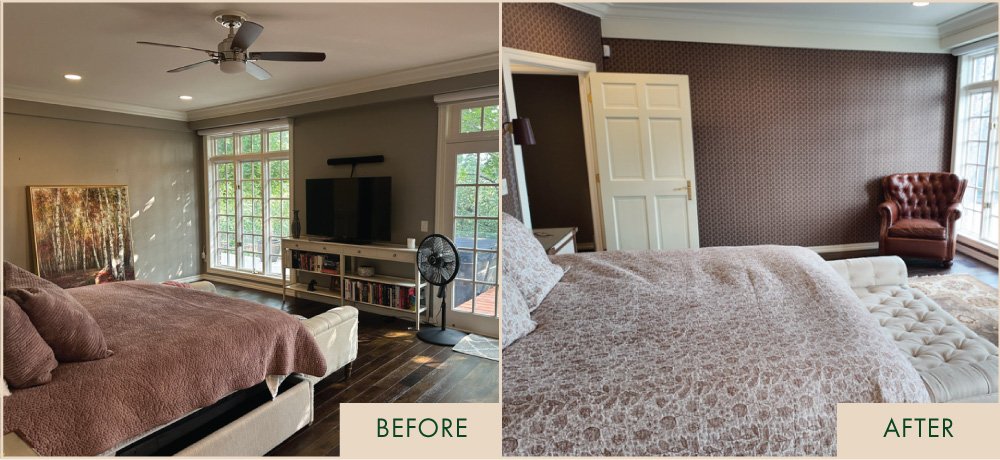 Before and after photos of wallpaper installation on walls