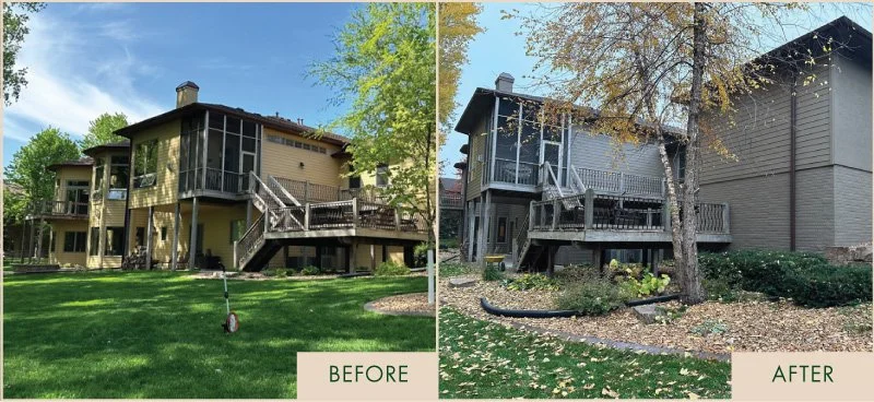 Comparison of house exterior, left side labeled 'Before' showing a house with beige siding and maintained lawn, right side labeled 'After' showing the same house with darker siding and fallen leaves on the ground.