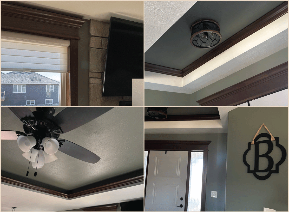 A collage of 4 photos showcasing the olive green finishing paint touches on a home