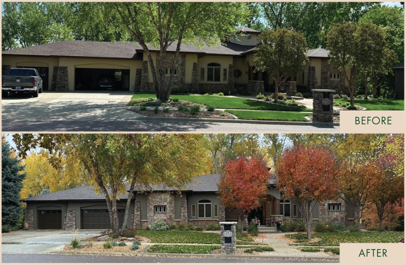 Side-by-side before and after images of a house showing a renovation. The before image shows a house with a light yellow exterior, two-car garage, and green lawn. The after image shows the same house with a darker exterior, new stone accents, and colorful autumn trees in front.